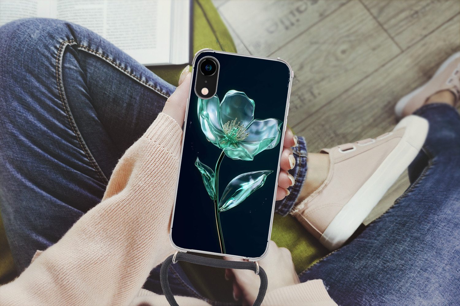 MuchoWow Handyhülle für Apple iPhone XR Blätter - Blume - Gläser - Dunkelblau, Tragbare Handyhüllen mit Kette zum umhängen, Handykette Handyband