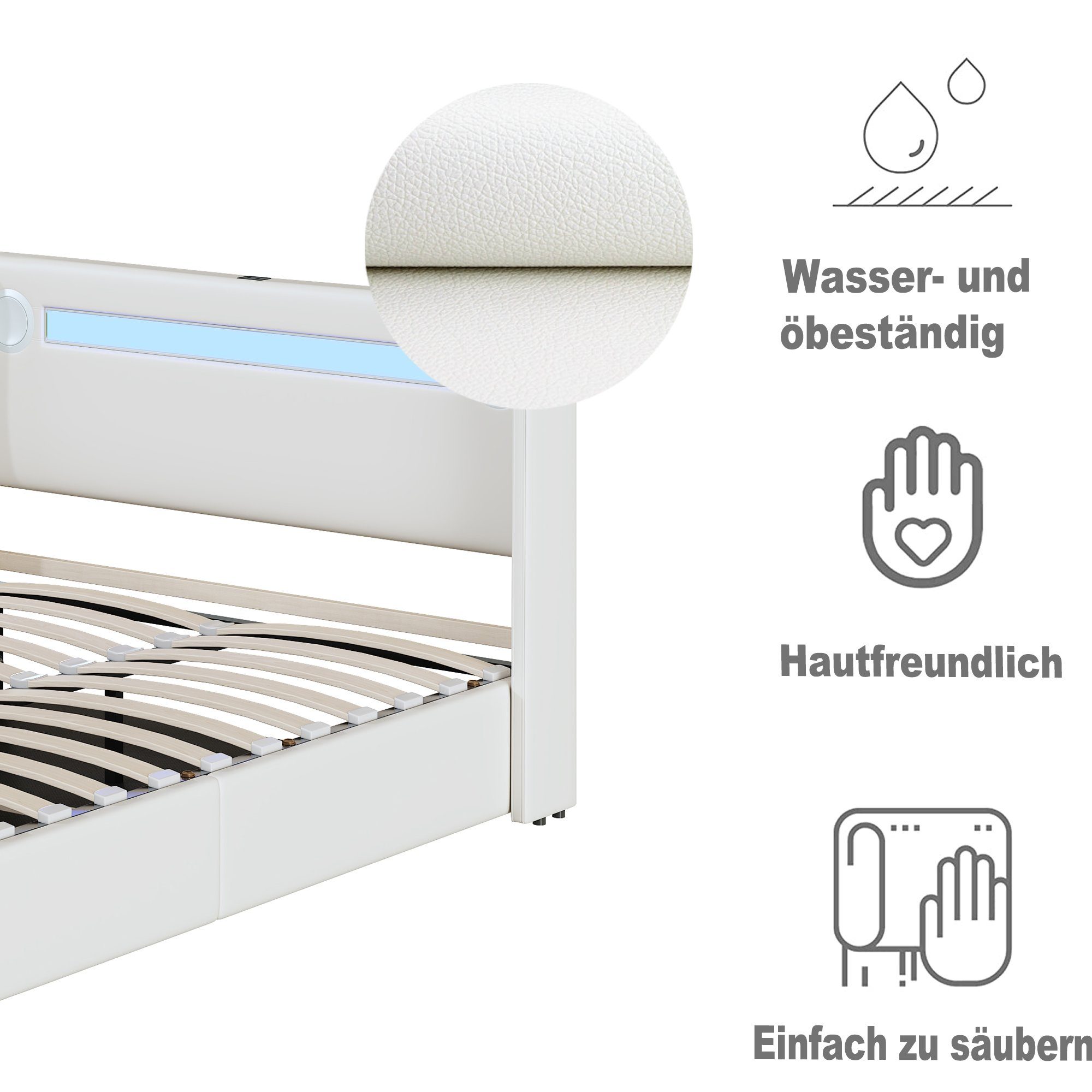 Polsterbett (Stauraumbett, Einzelbett), mit LED Beleuchtung/Bluetooth/USB-Aufladen, Kunstleder, 90x200cm