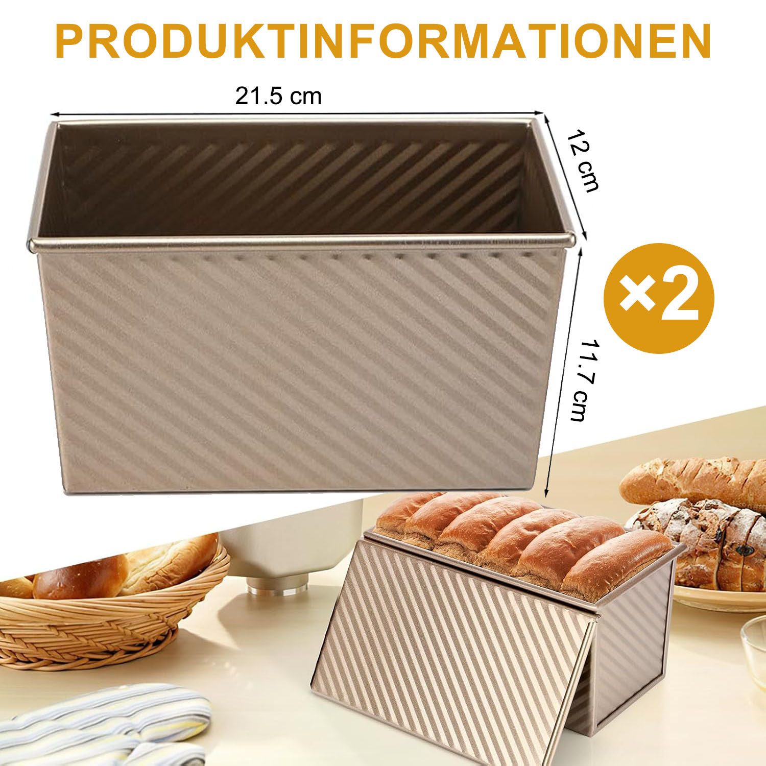HEYHIPPO Brotbackform 2er-Set Toastbrotformen mit Deckel, Karbonstahl, Gold, antihaft, Toastbrot Kastenform mit Deckel, antihaft, langlebig, ideal für Kuchen