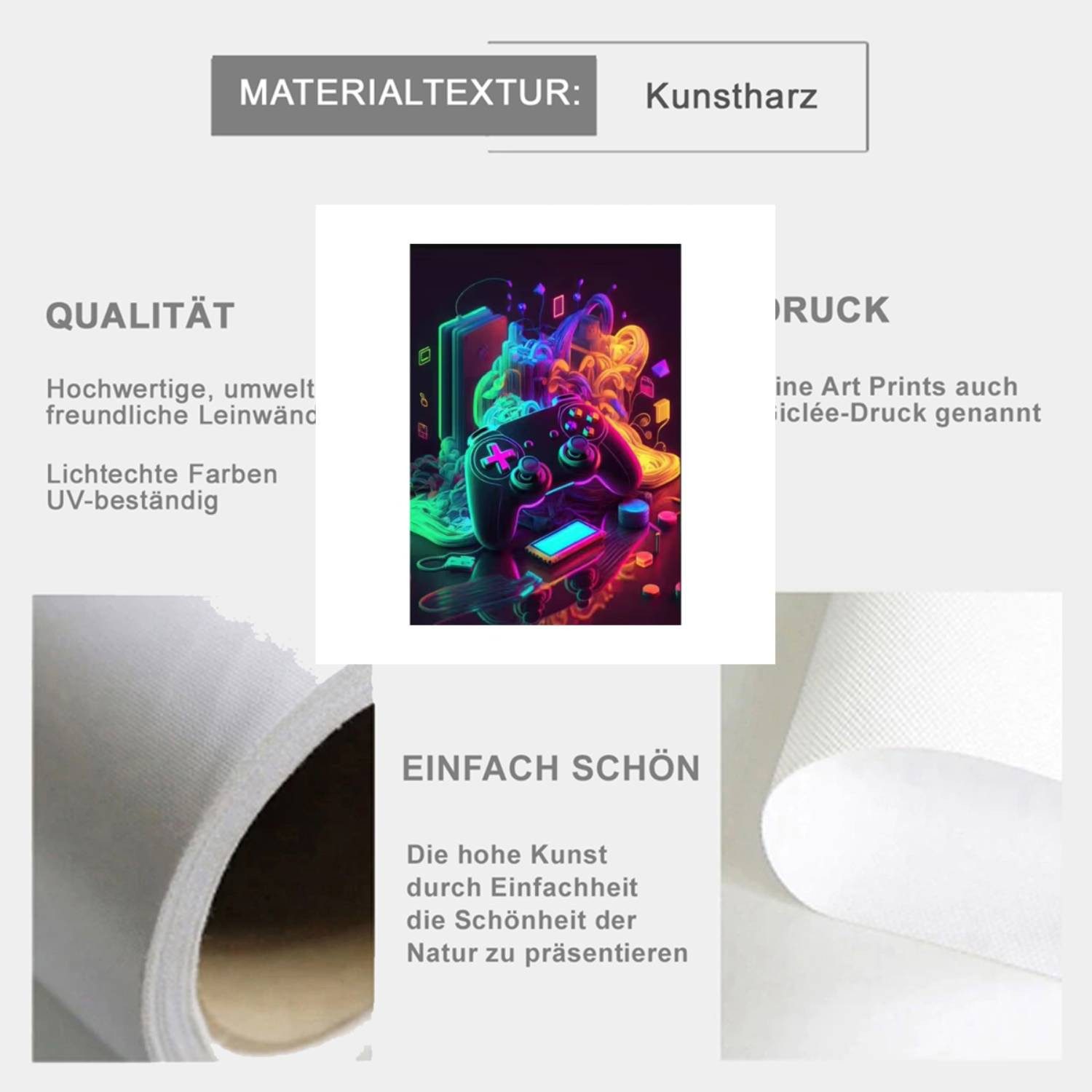 TPFLiving Kunstdruck OHNE RAHMEN, Gaming Zimmer Gamepad Punk Stil Poster - (Leinwandbild XXL), Farben: Farben: schwarz, lila, grün -Größe: 20x30cm