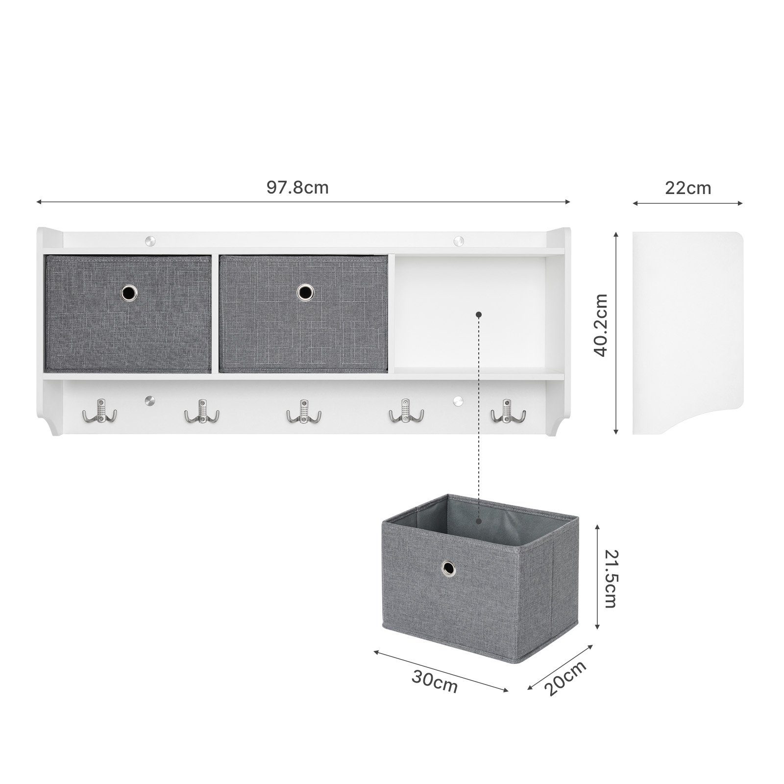 Mondeer Wandgarderobe Wandregal, Hängeregal mit 3 Körben und 5 Haken, Weiß – Bild 4 von 5