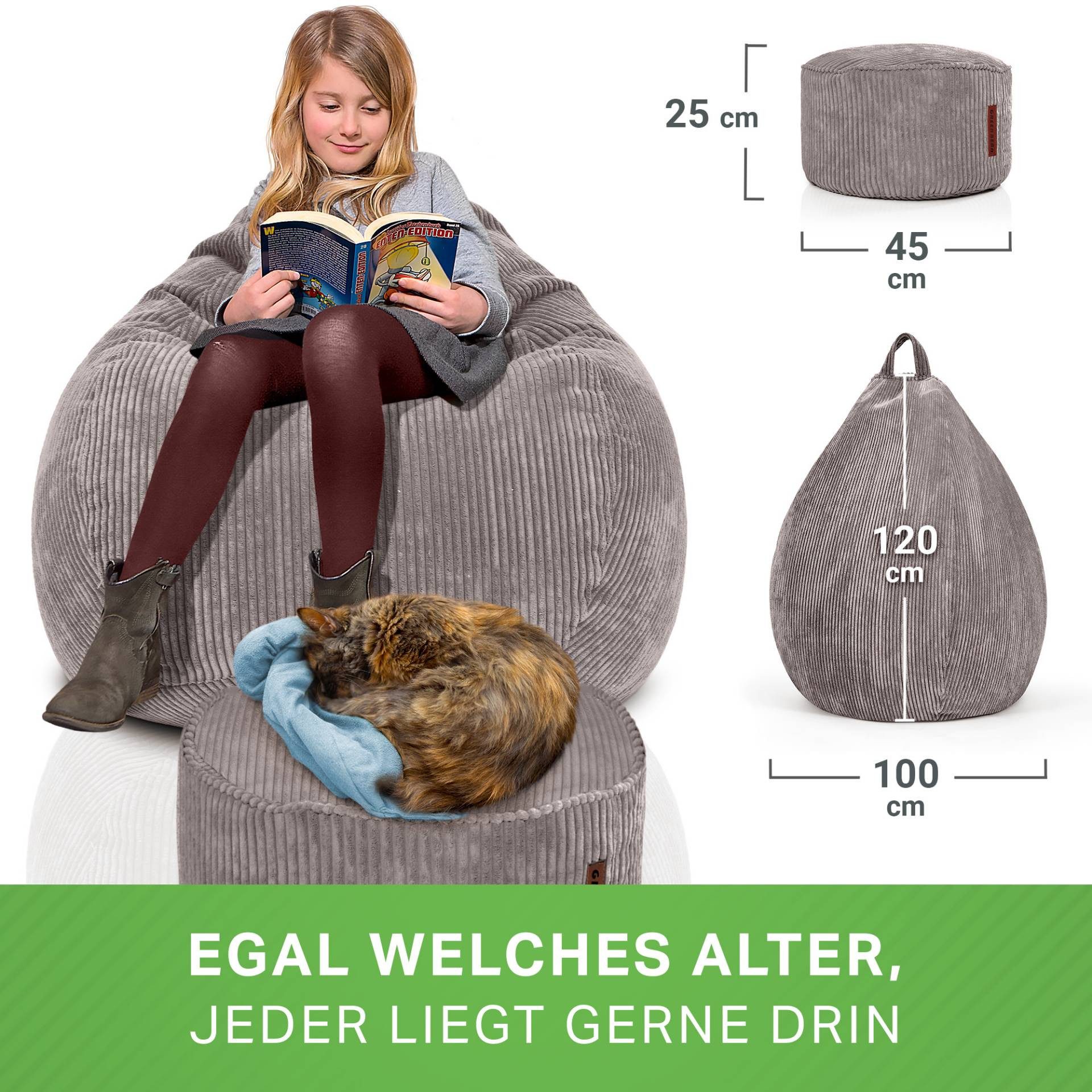 Green Bean Sitzsack XXL Sitzsack Scoop + Hocker aus Cord, Indoor Sitzkissen mit Sitzhocker, Relax Sessel