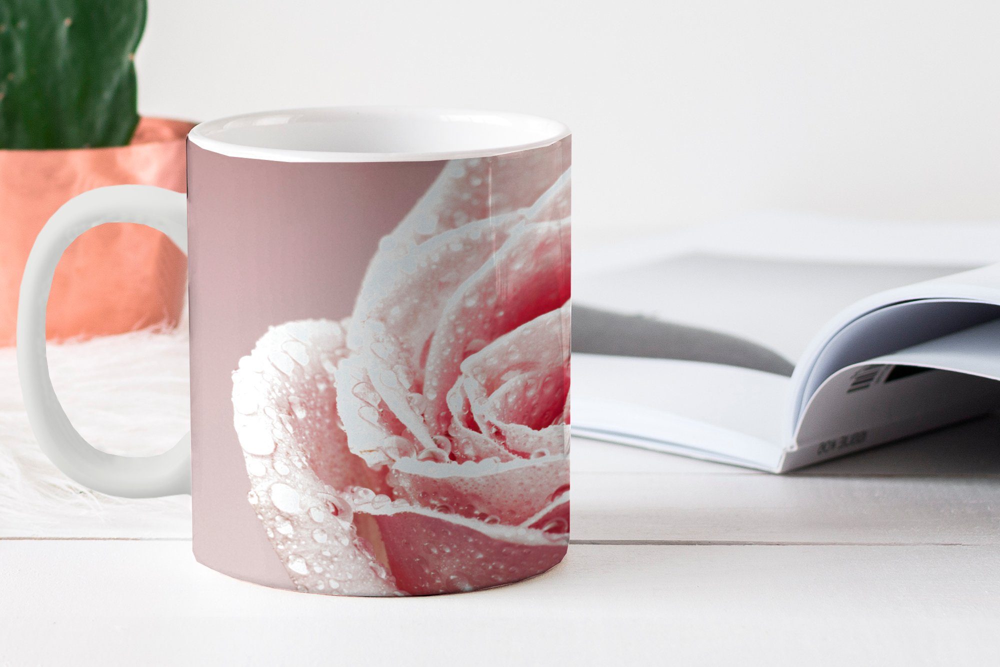 Tasse MuchoWow Rose, einer Becher, Keramik, Teetasse, Kaffeetassen, rosa Tautropfen Frühe Teetasse, Geschenk auf