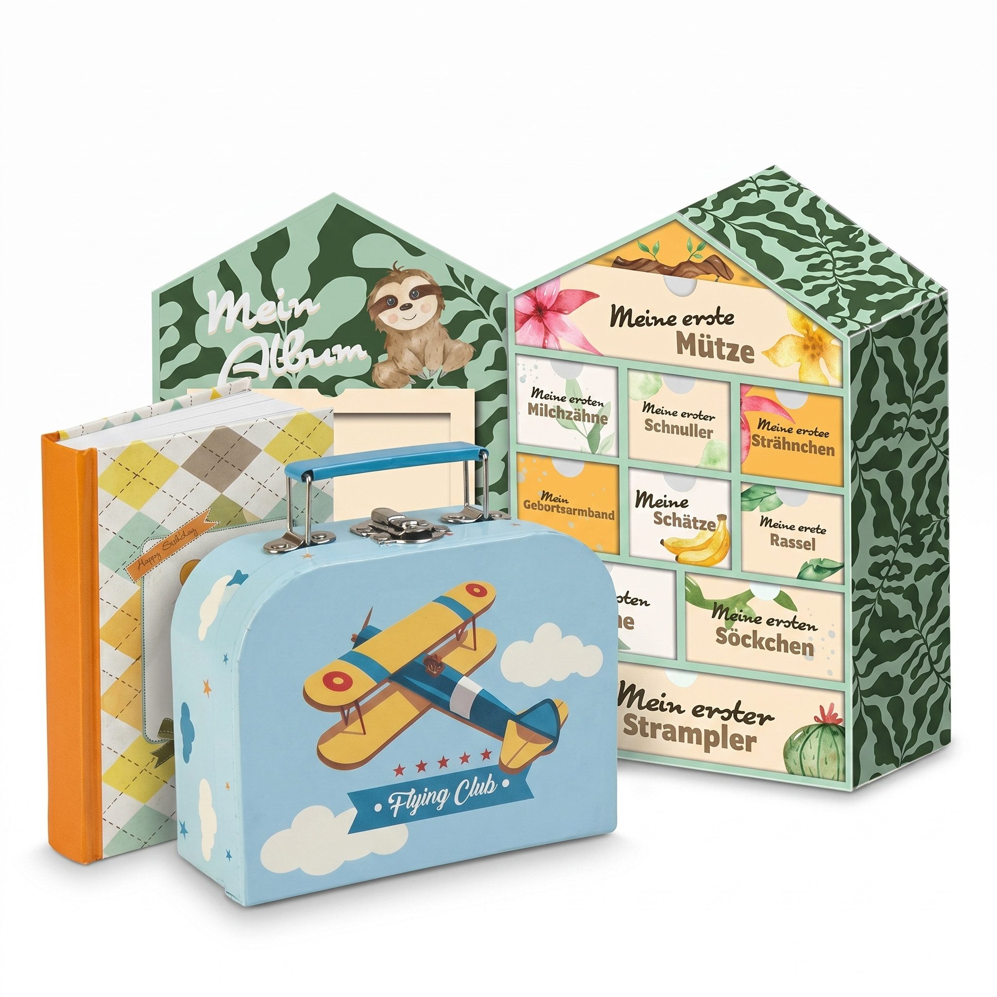 hausleben Aufbewahrungsbox Baby-Erinnerungsbox 3-in-1-Set (Mehrteiliges Set, 3 St., 3-teiliges Set mit Erinnerungsbox, Aufbewahrungsbuch & Köfferchen), 3-in-1 Baby-Erinnerungsbox mit 10 Schubladen & Fotorahmen
