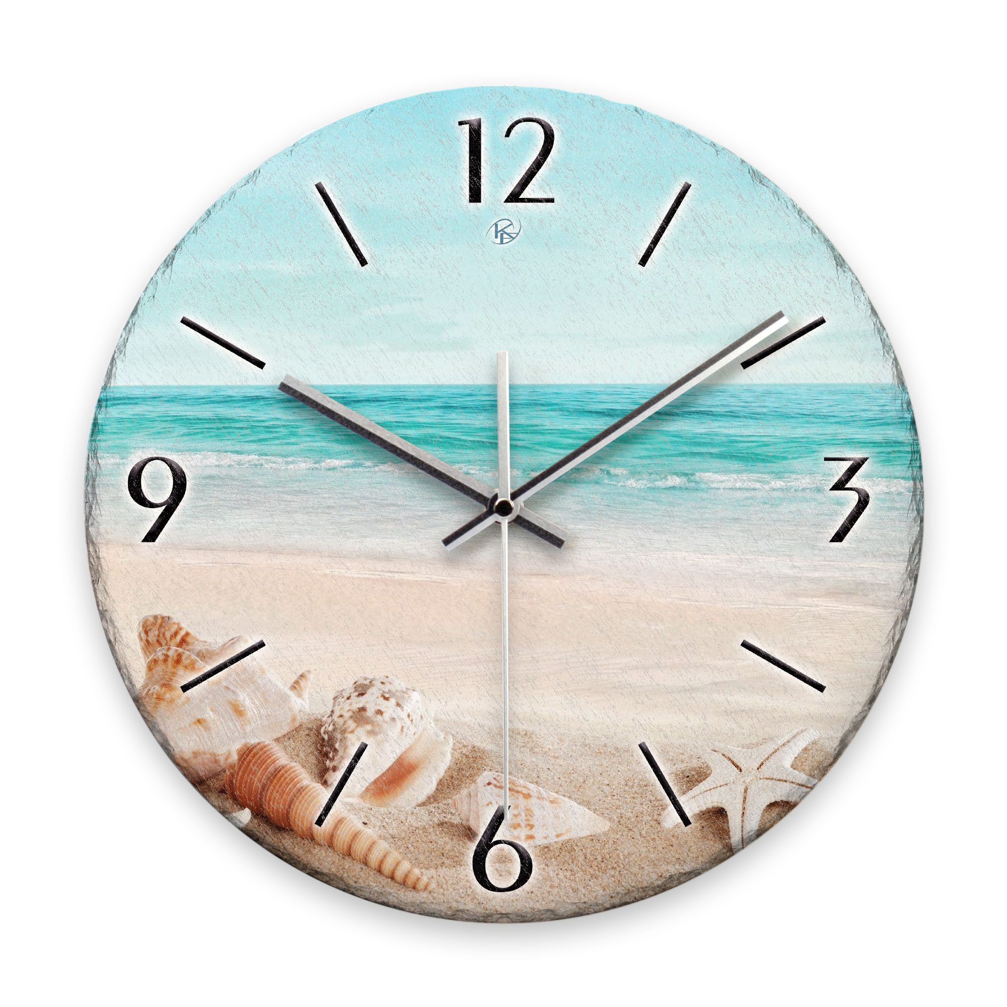 Kreative Feder Wanduhr Wanduhr „Südsee-Strand“ aus Stein (Keramik) in Schiefer-Optik (ohne Ticken; Funk- oder Quarzuhrwerk; ⌀ 30cm; außergewöhnlich)