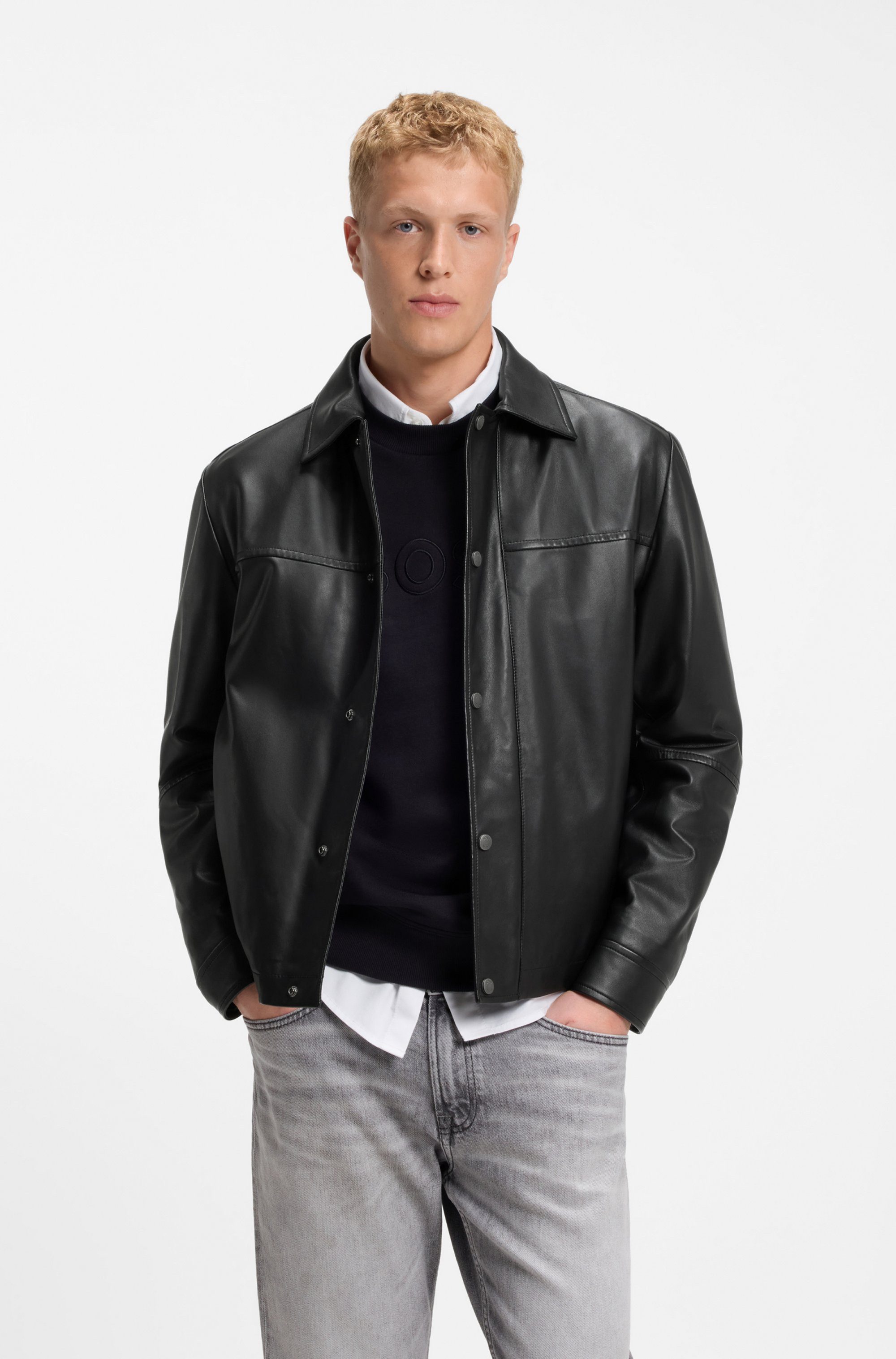 BOSS ORANGE Lederjacke Joban Glattes Nappaleder, Regular Fit, Metall-Schriftzug