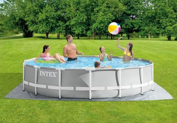 Intex Framepool Intex Prism Rondo 457 x 107 cm mit Chlor Starterse (Set 2022, Frame Pool Set Prism Rondo Ø 457 x 107 cm (inklusive Einlaufdüse,Schläuche,Leiter,Abdeckplane,Bodenschutzplane) Digitale Dosierwaage für Poolchemie und Chlor Starterset)