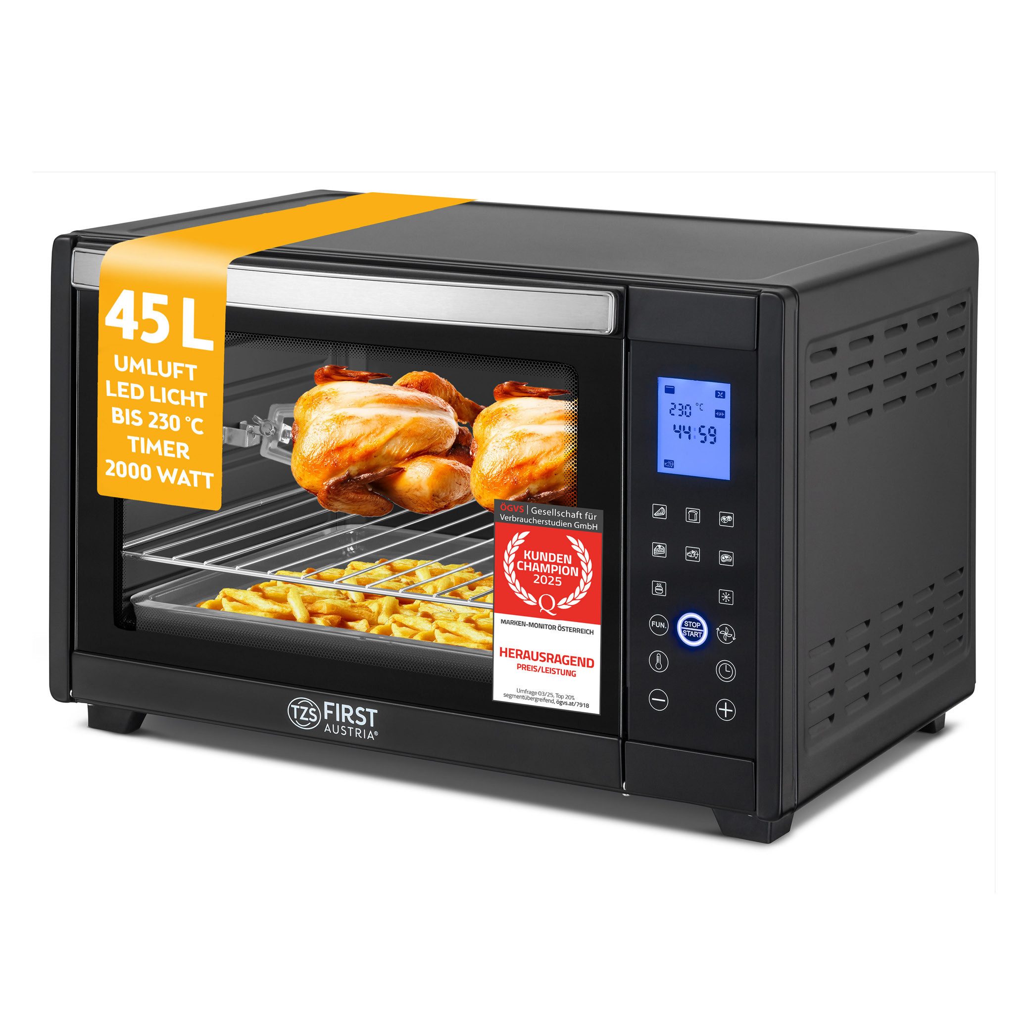 TZS FIRST AUSTRIA Minibackofen Digital 45L, 2000W, Antihaftbeschichtung,Temperaturregelung, Umluft, 40-230°C, 180 Min. Timer, Doppelverglasung, Drehspieß & Krümelblech