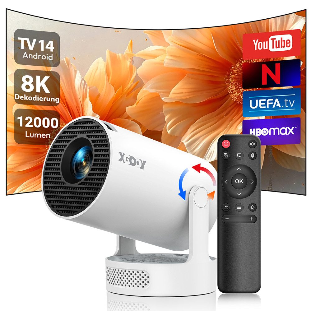 XGODY Gimbal 3S LED-Beamer Android 14 Mini-Beamer (12000 lm, 8000:1, 1280 x 720 px, Bluetooth Projektor 5G WiFi, LED-Beamer, Projektionsgröße 35-130 Zoll)
