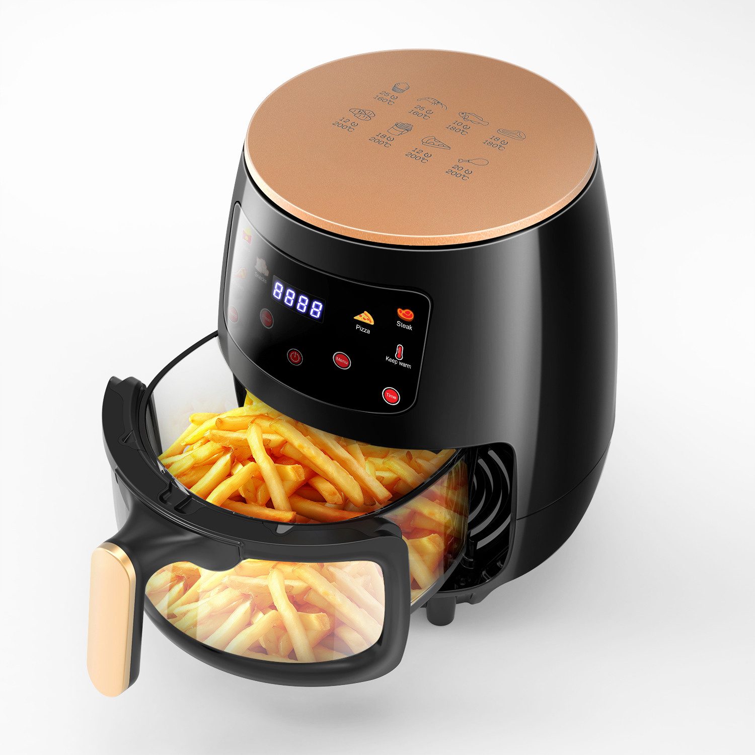 oyajia Heißluftfritteuse 6L Heißluftfritteuse mit Sichtfenster, 1800W Airfryer, Glasfrittierkorb, ohne Öl, 1800 W, 7 in 1 Programme, 60-Minuten-Timer, einstellbare Temperatur
