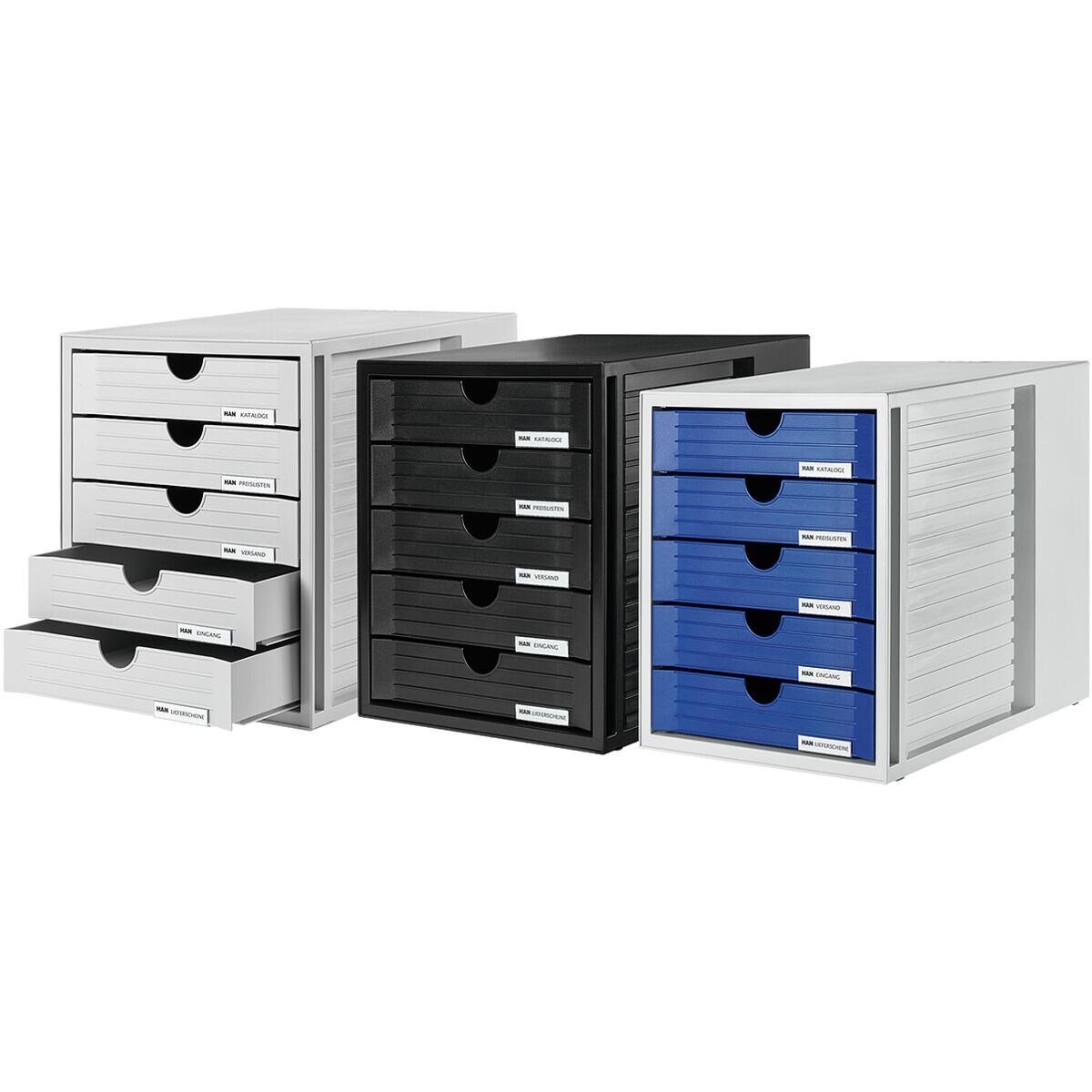 HAN Schubladenbox 1450, mit 5 stapelbar/ integrierbar Schubladen, geschlossen, grau/blau