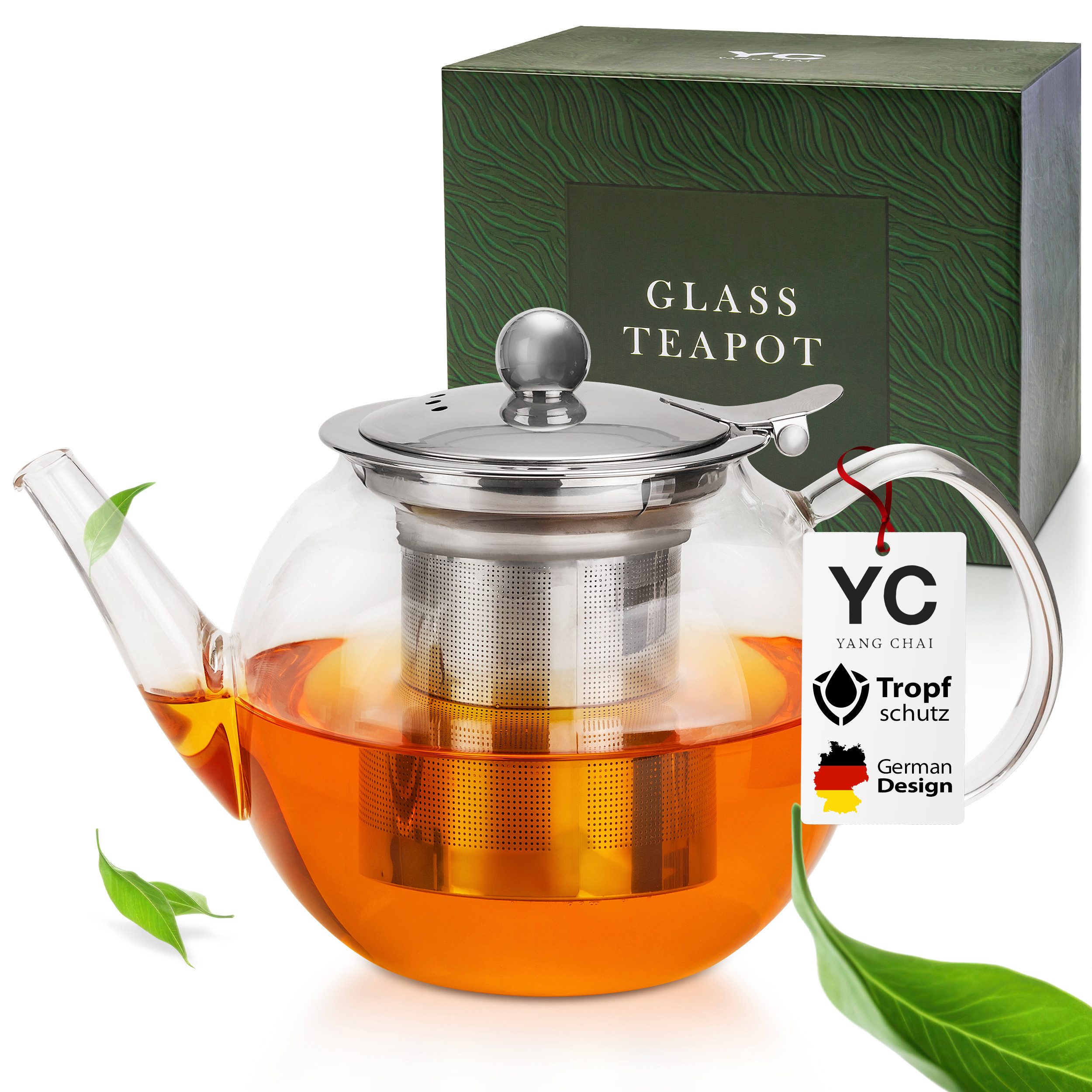 Yang Chai Teekanne aus Glas mit Siebeinsatz, 0.8 l, (Hitzefest und Mikrowellenbeständig, Geeignet für E-Herd, Teewärmer & Gasherd), Teapot
