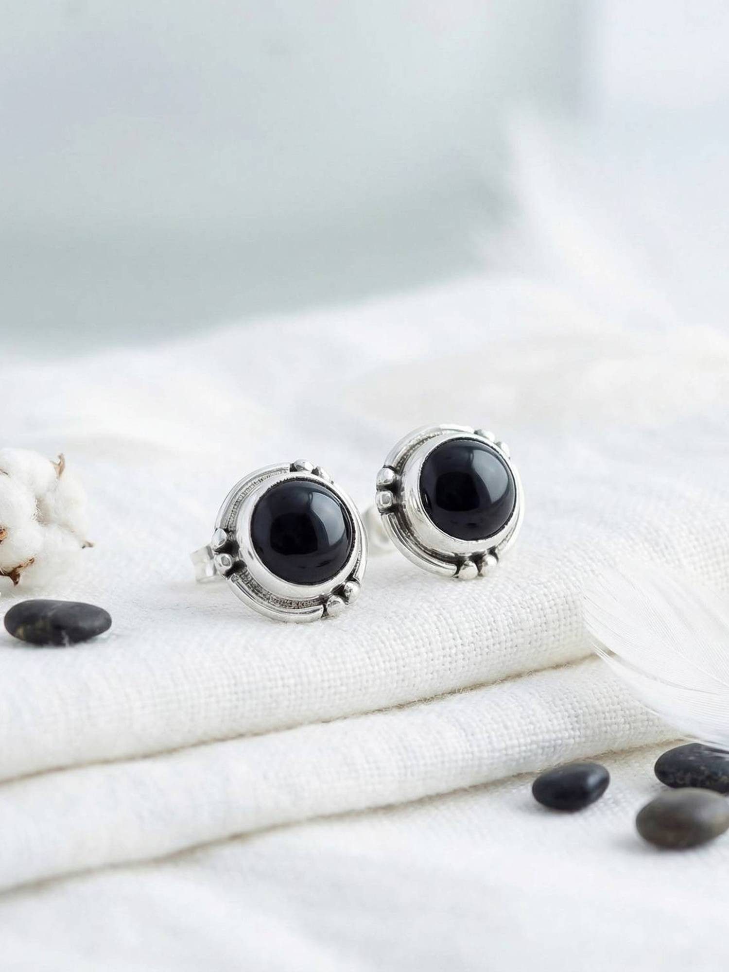 mantraroma Paar Ohrstecker LITANG aus 925 Silber mit Onyx (Paar, Paar Ohrringe mit Schmuckbeutel), 925 Sterling Silber Ohrringe für Damen