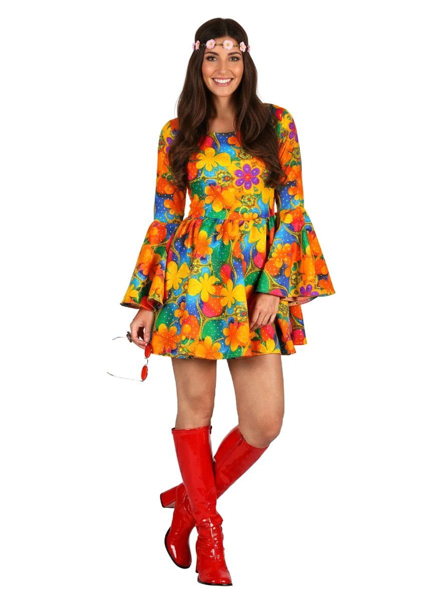 thetru Hippie-Kostüm Hippie Minikleid orange - Kostüm für Fasching, Langärmeliges Mini-Kleid in Blumen-Optik