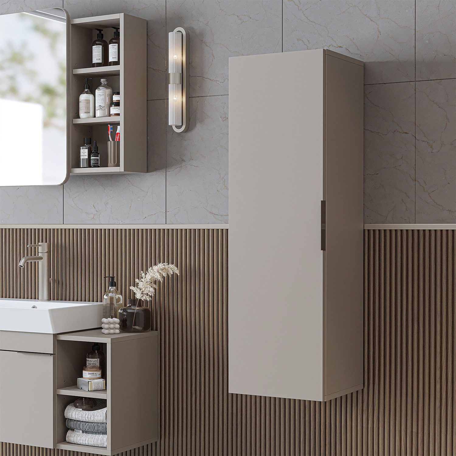 Roomart Badmöbel-Set LYCIA 50 cm 4-tlg., Hochschrank, Keramikbecken, Gäste-WC, (Komplett-Set), Soft-Close-Funktion, Wandmontage, Hochschrank, Waschbecken