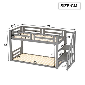 IDEASY Kinderbett Etagenbett, 90 x 200 cm, (niedriges Etagenbett mit Sicherheitsleiter), grau, Treppenaufbewahrung, Absturzsicherung