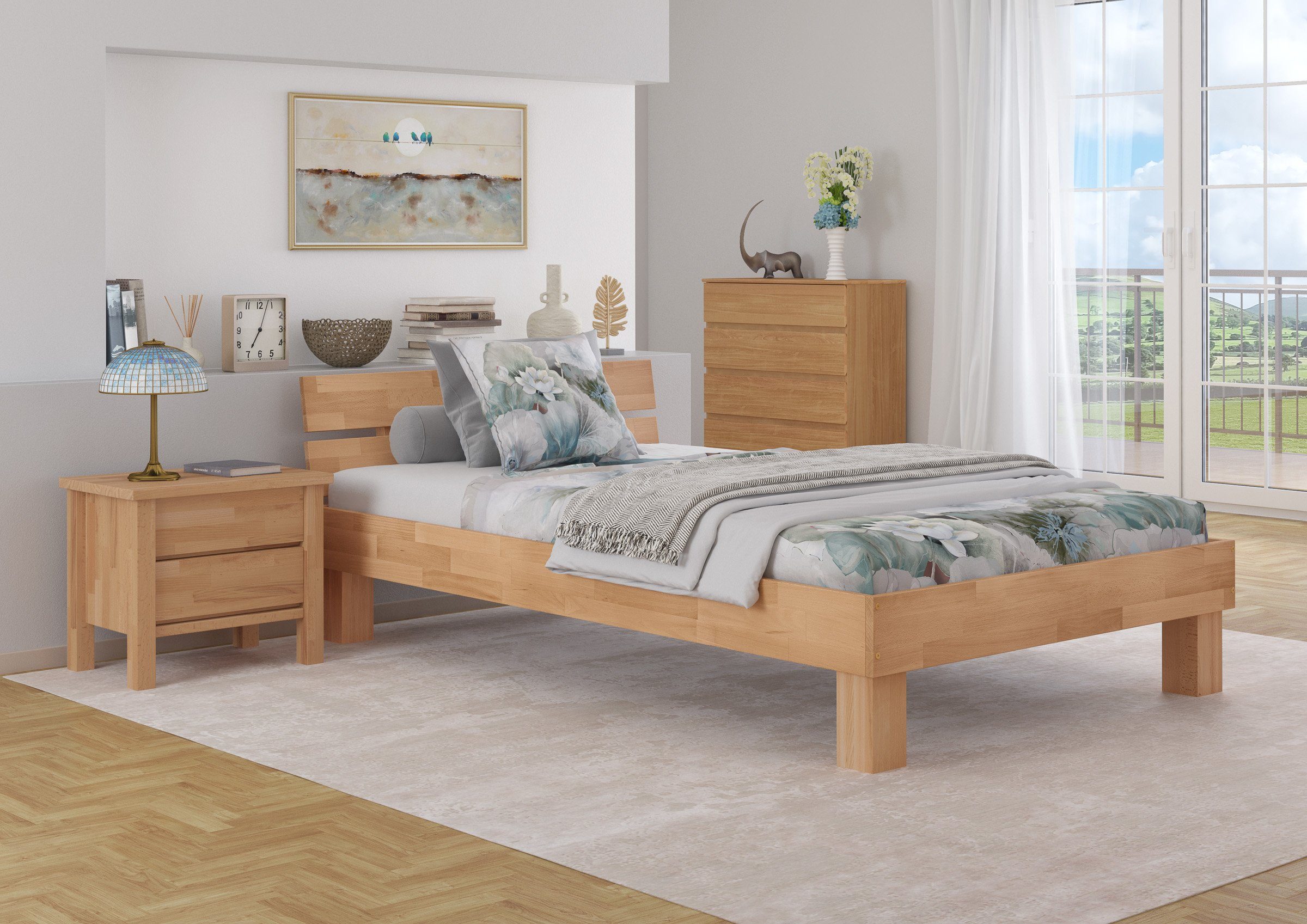 ERST-HOLZ Bettgestell Stabiles Buche Bett Einzelbett 120 x 220 cm für Erwachsene, Buche farblos lackiert