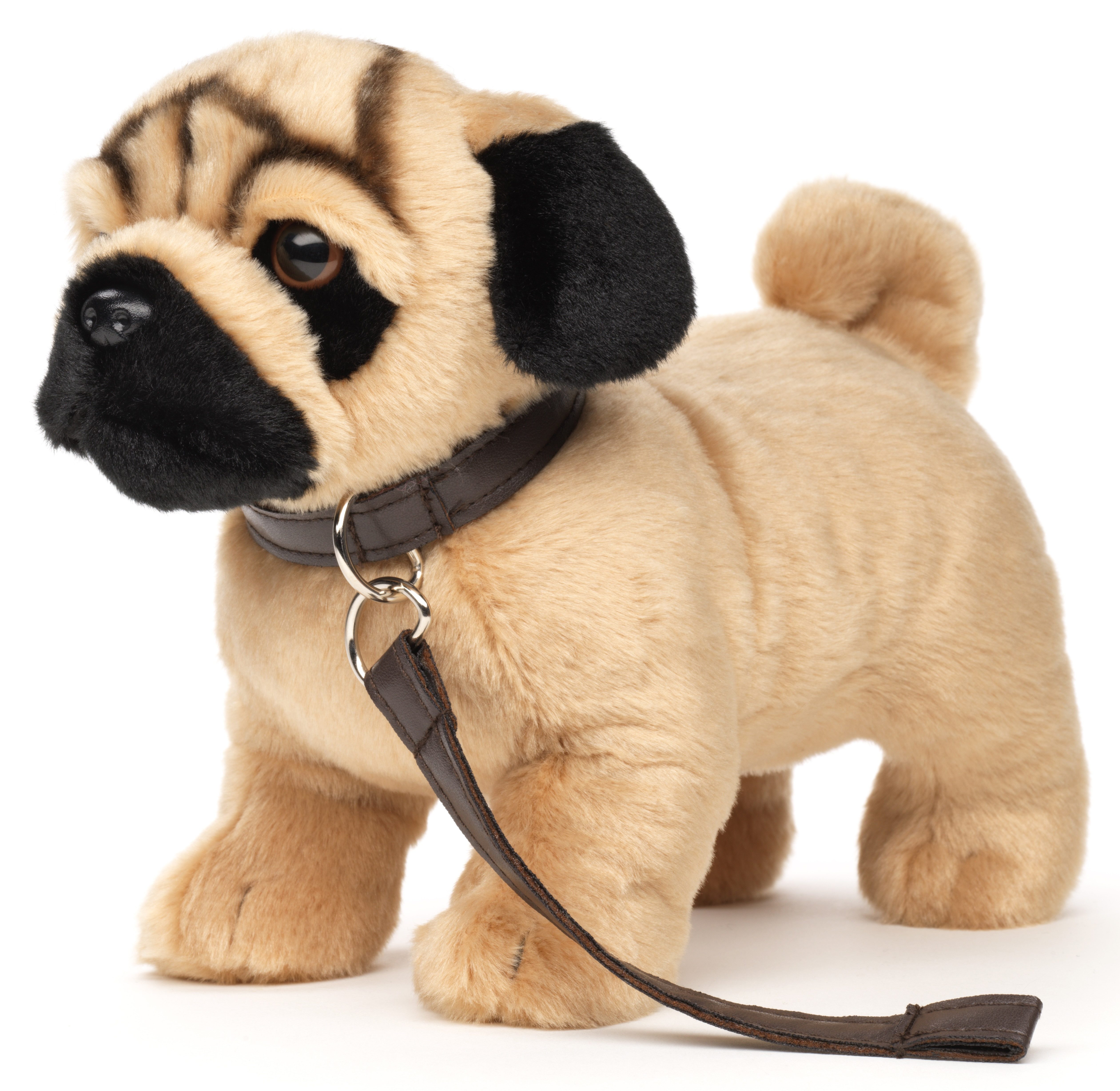 Uni-Toys Kuscheltier Mops, stehend (mit Leine) - 26 cm (Länge) - Plüsch-Hund - Plüschtier, Uni-Toys Eco-Line - zu 100 % aus recyceltem Plüsch gefertigt
