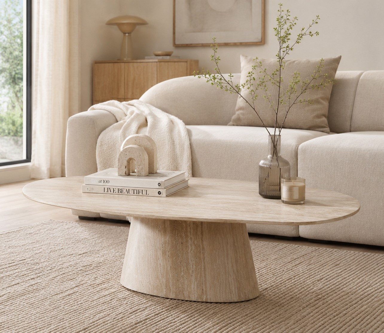 LEVEN Lifestyle Ovaler Couchtisch NOOR Travertinoptik 135 cm Keramik, Tischplatte aus hochwertiger Keramik