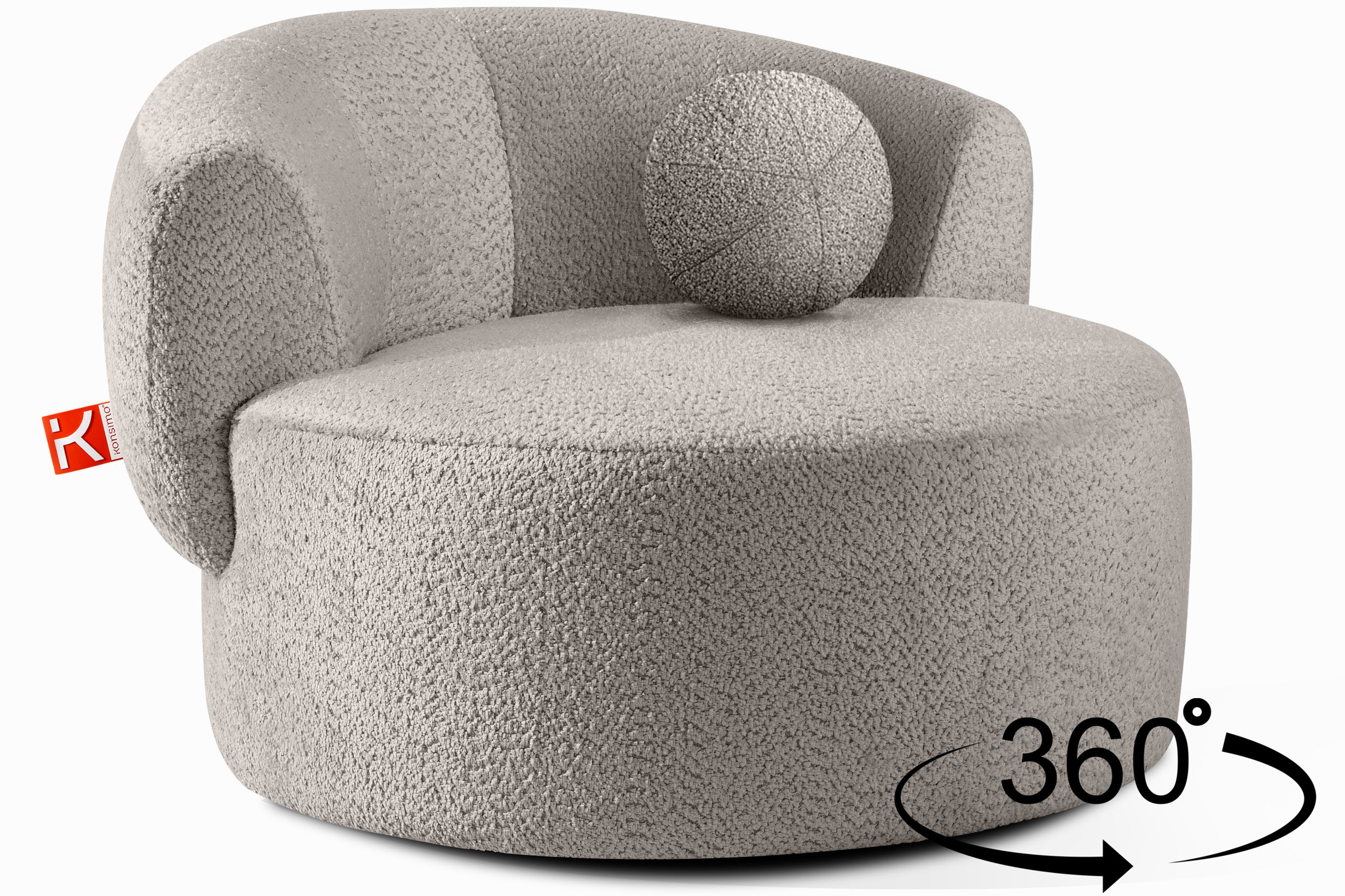 KONSIMO® Drehsessel VIRA mit drehbarem Metallfuß, hergestellt in der EU (Sessel, Polstersessel, Loungesessel), mit dekorativem Rundkissen, Modern, organische Form