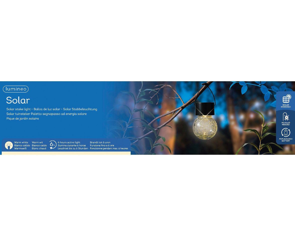Lumineo LED Solarleuchte, Dauerlicht, warmweiß, Solar Gartenleuchte LED Kugel Glühbirne Glas 6x9cm 1 Stück Warmweiß