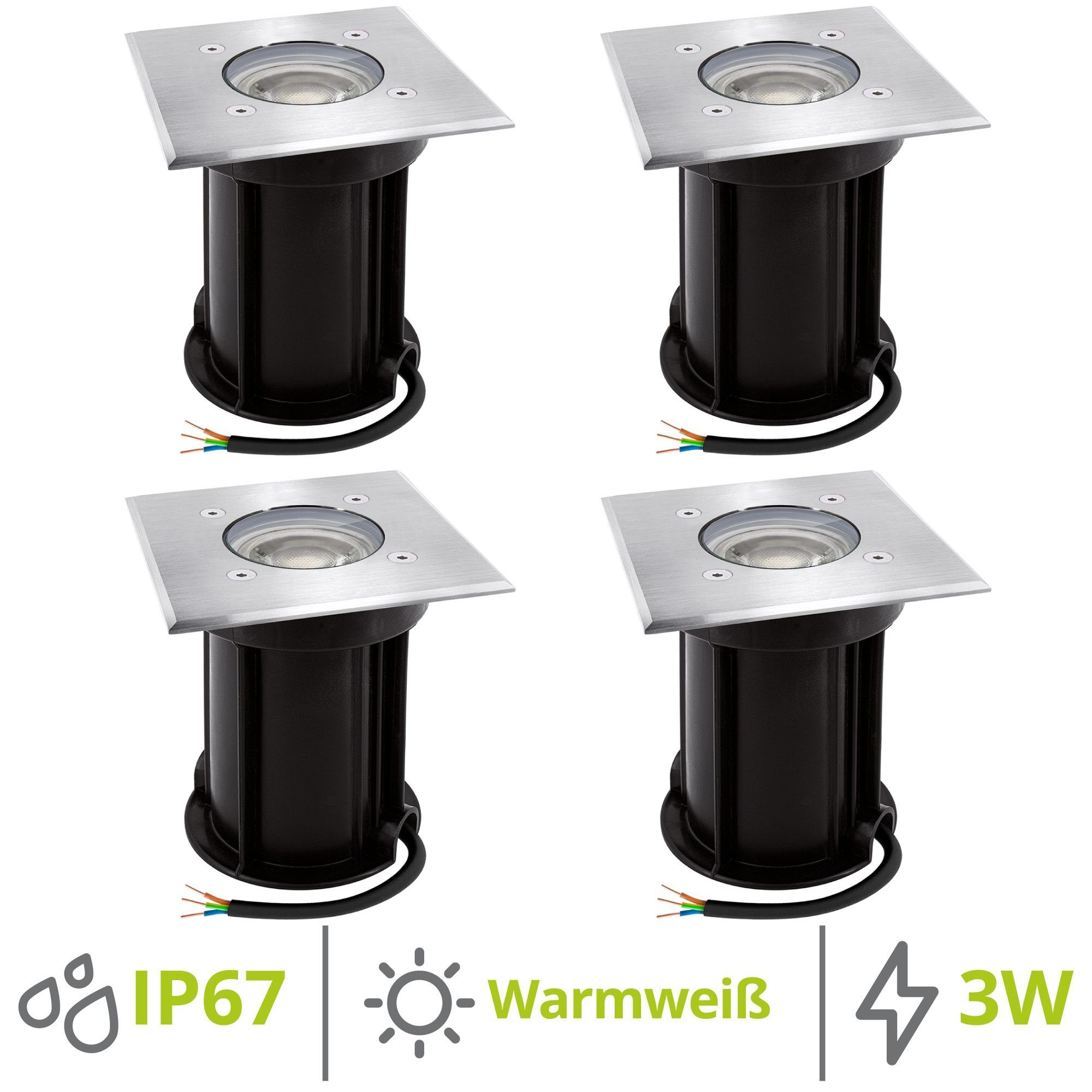 linovum LED Außen-Wandleuchte 4 Stahl Leuchtmittel gebuerstet x Leuchtmittel inklusive Bodeneinbauleuchte IP67, quadratisch inklusive, BOQU