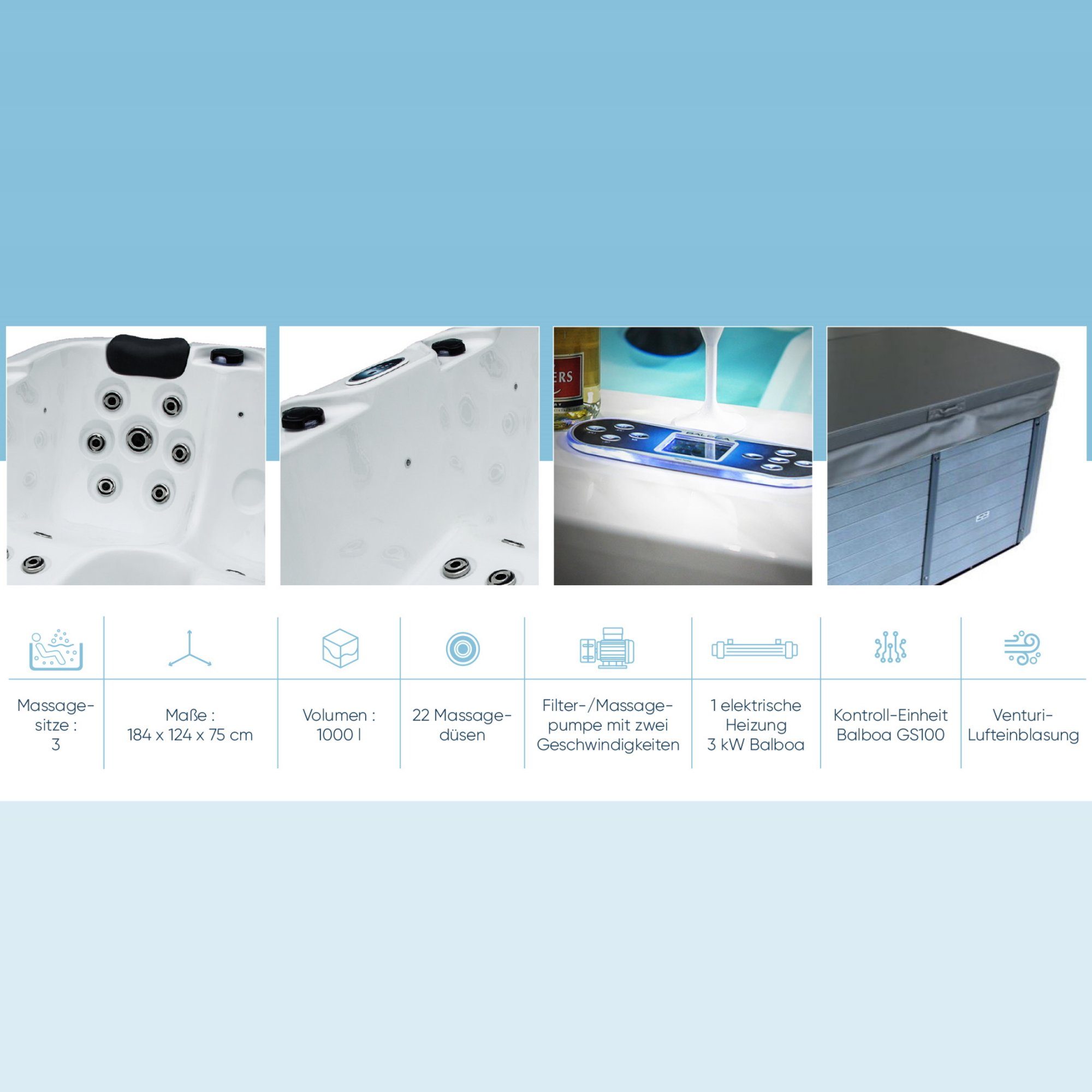Planet Spa Whirlpool Whirlpool SPA Francisco 1000l, 184x124x75 cm, 22 D, Aufstellbecken, (Komplett-Set, 1-tlg)