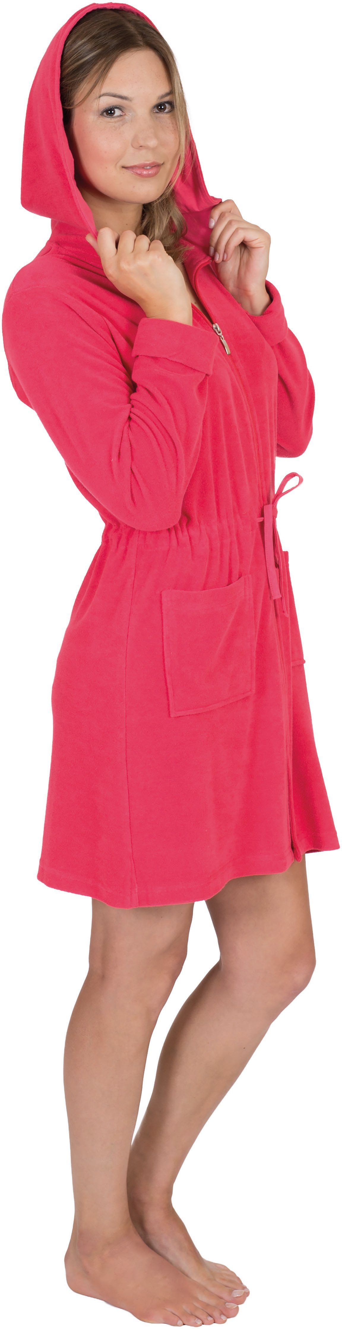Leichtfrottee, Damenbademantel fashion zum Wewo Binden, erdbeere Kurzform, kurz 031, Tunnelzug Kapuze, Reißverschluss, &