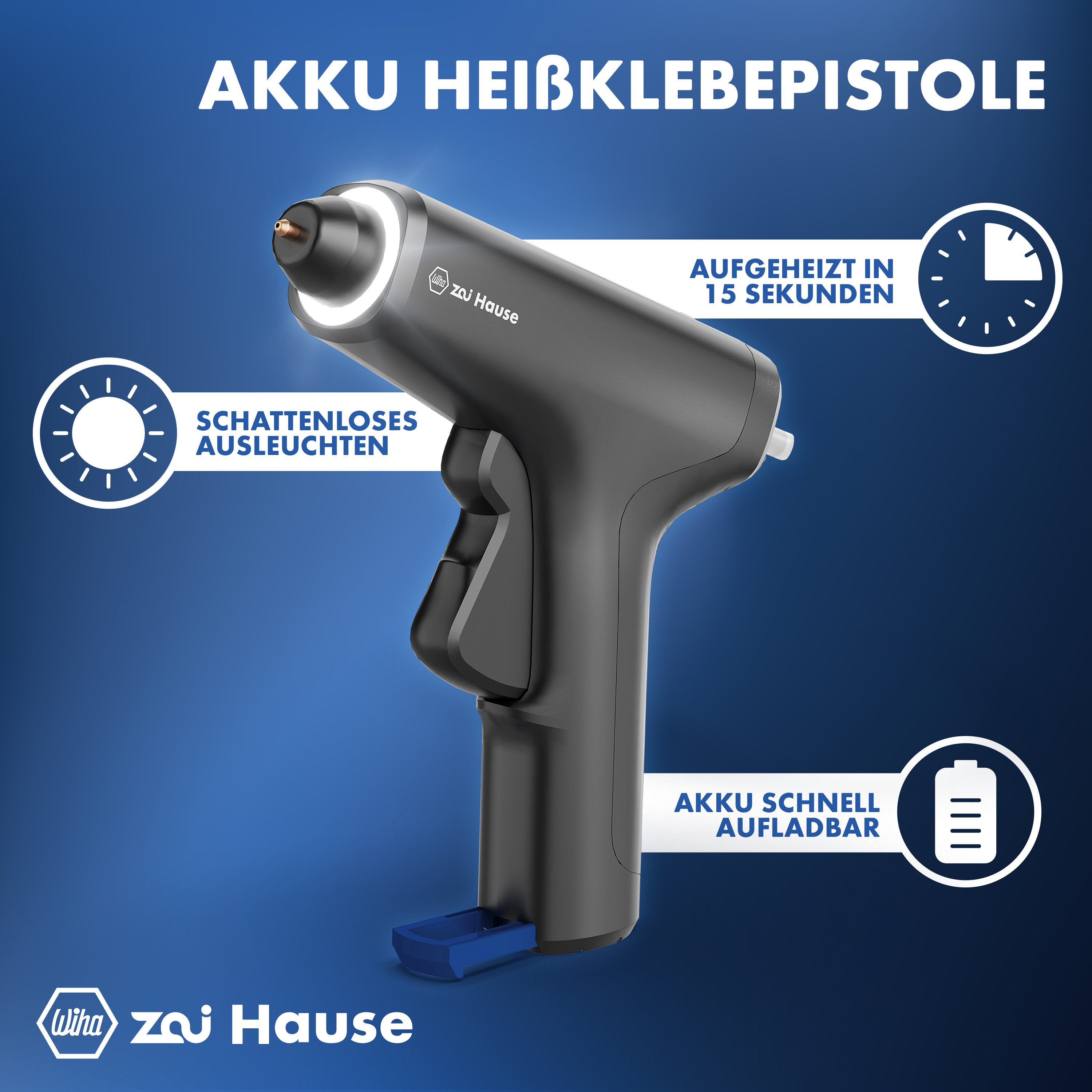 Wiha Heißklebepistole (44623), (Set, 10 St), Kabellos, LED-Licht, 10-15 Sek. Aufheizzeit, inkl. Aufbewahrungstasche