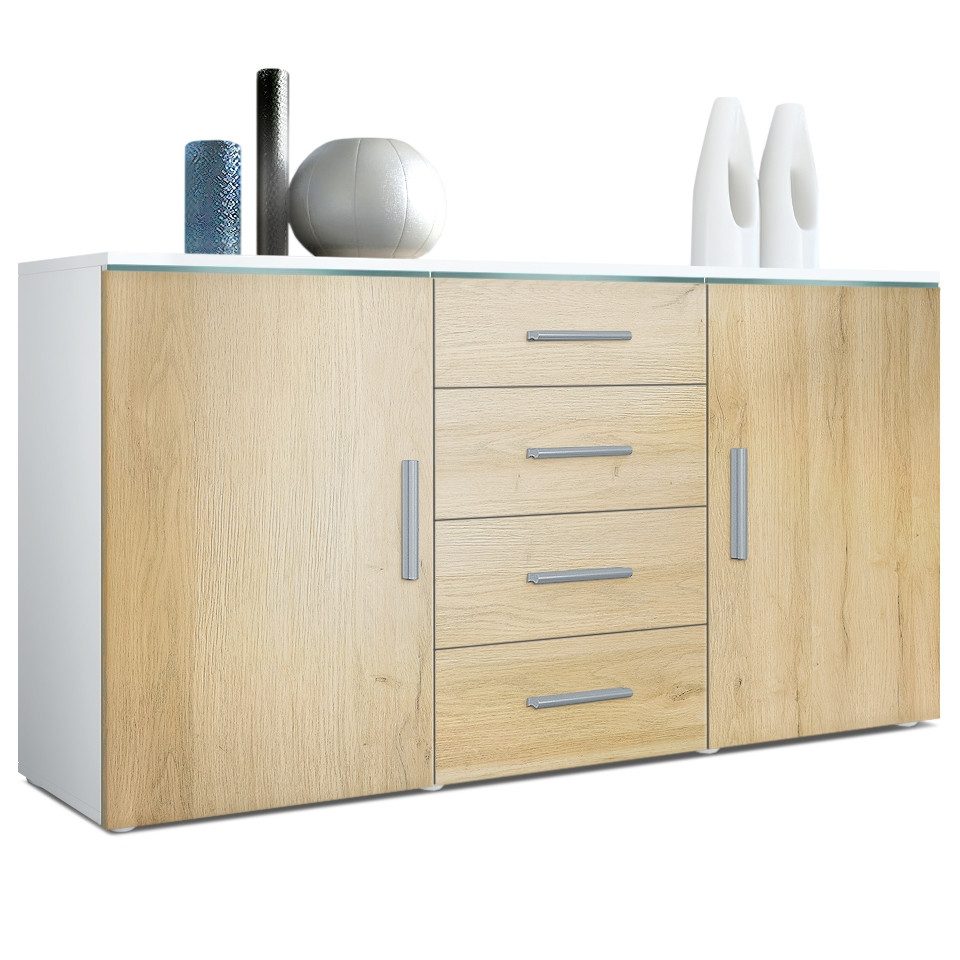 Vladon Sideboard Verona V1 (Kommode, mit 2 Türen und 4 Schubladen), Weiß matt/Eiche Natur (139 x 72 x 35)