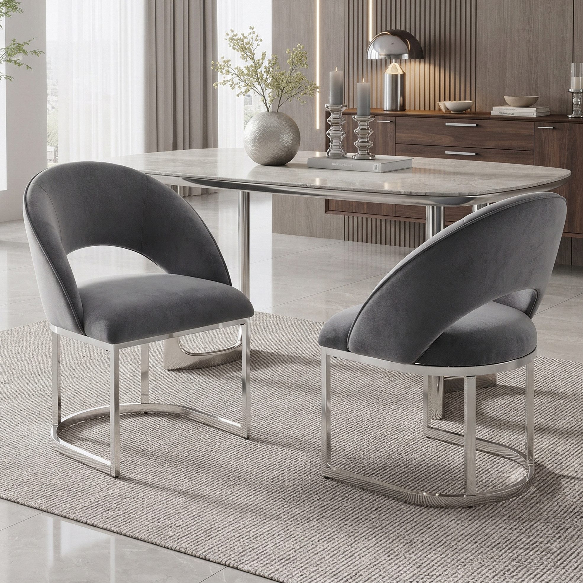 MODFU Esszimmerstuhl 2 elegante Stühle im modernen Samt-Look (Grau+Silber, 59x56x80 cm, stabile Beine, 2 St), bequeme Polsterung, zeitloses Design