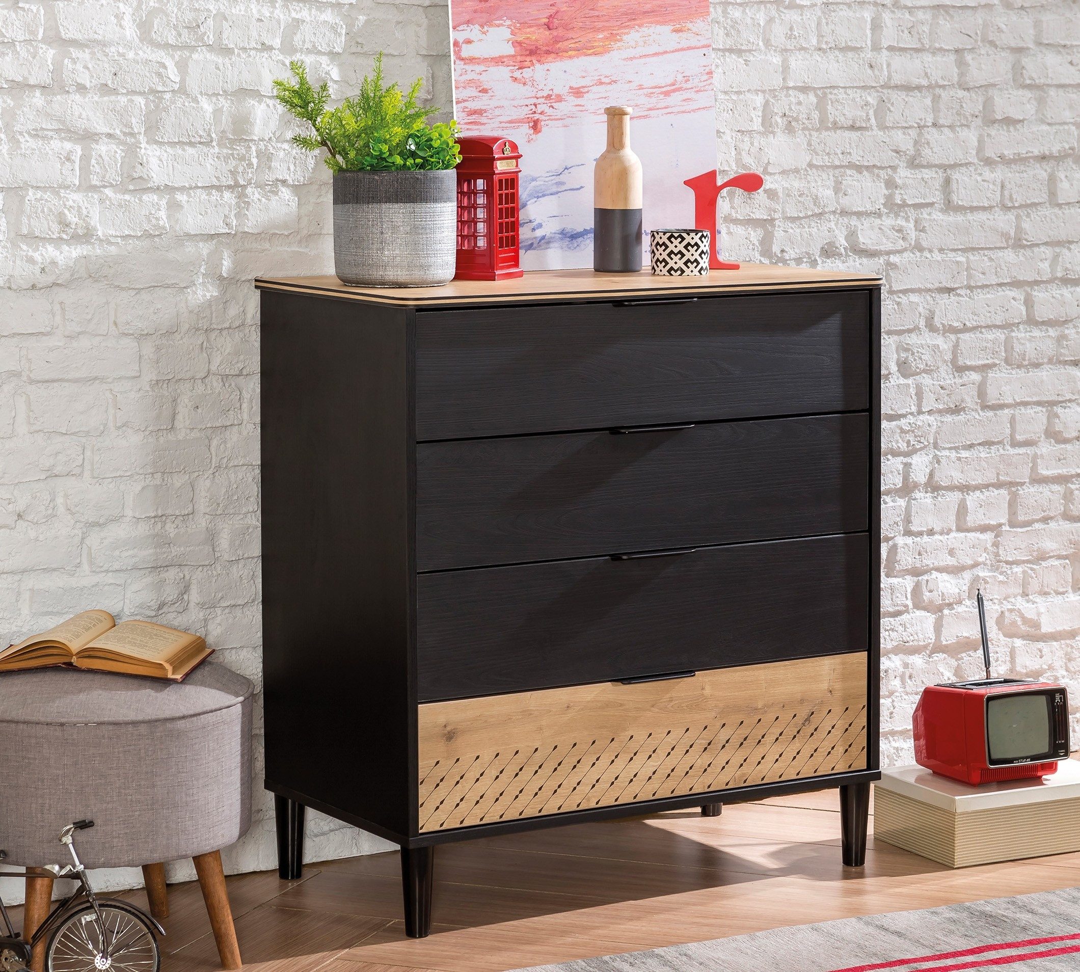 Möbel-Zeit Kommode BLACK mit 3 Schubladen – Moderner Industrie-Stil Schwarz/Holzoptik