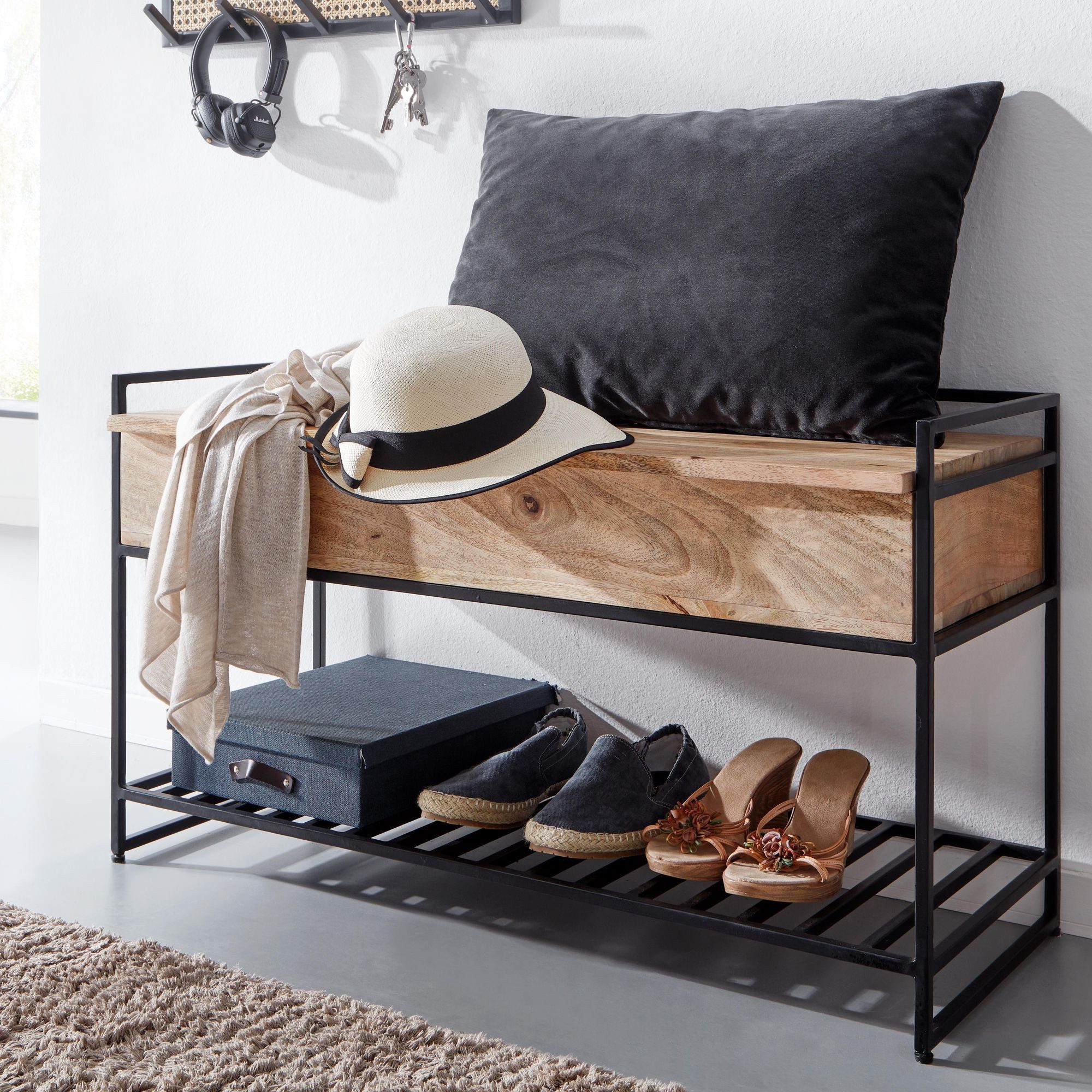 FINEBUY Sitzbank FB34725 Flurbank mit Stauraum 90x52x38 cm Massivholz Bank Flur Truhe (Flurbank mit Stauraum, Schuhbank mit Ablage), 90x52x38 cm Mango Massivholz / Metall Braun