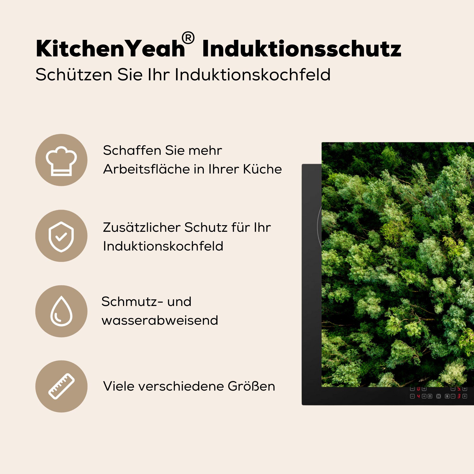MuchoWow Herdblende-/Abdeckplatte Baum - Grün, küche, Wald 81x52 (1 Schutz cm, die Vinyl, - Ceranfeldabdeckung tlg), Induktionskochfeld für