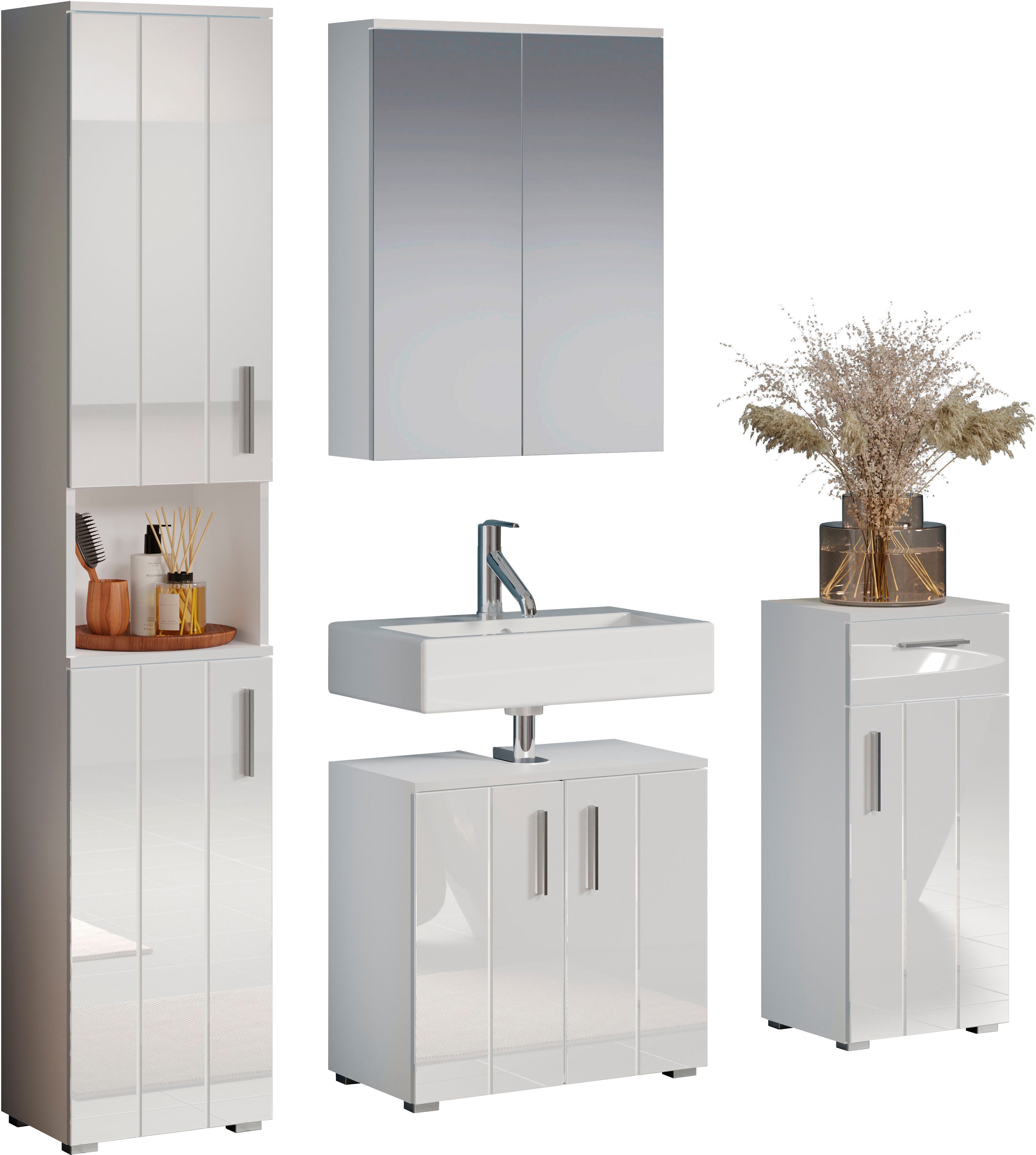 welltime Badezimmer-Set Prag, (Set, 4-St), Komplettset bestehend aus: Hochschrank, Spiegelschrank, Standschrank
