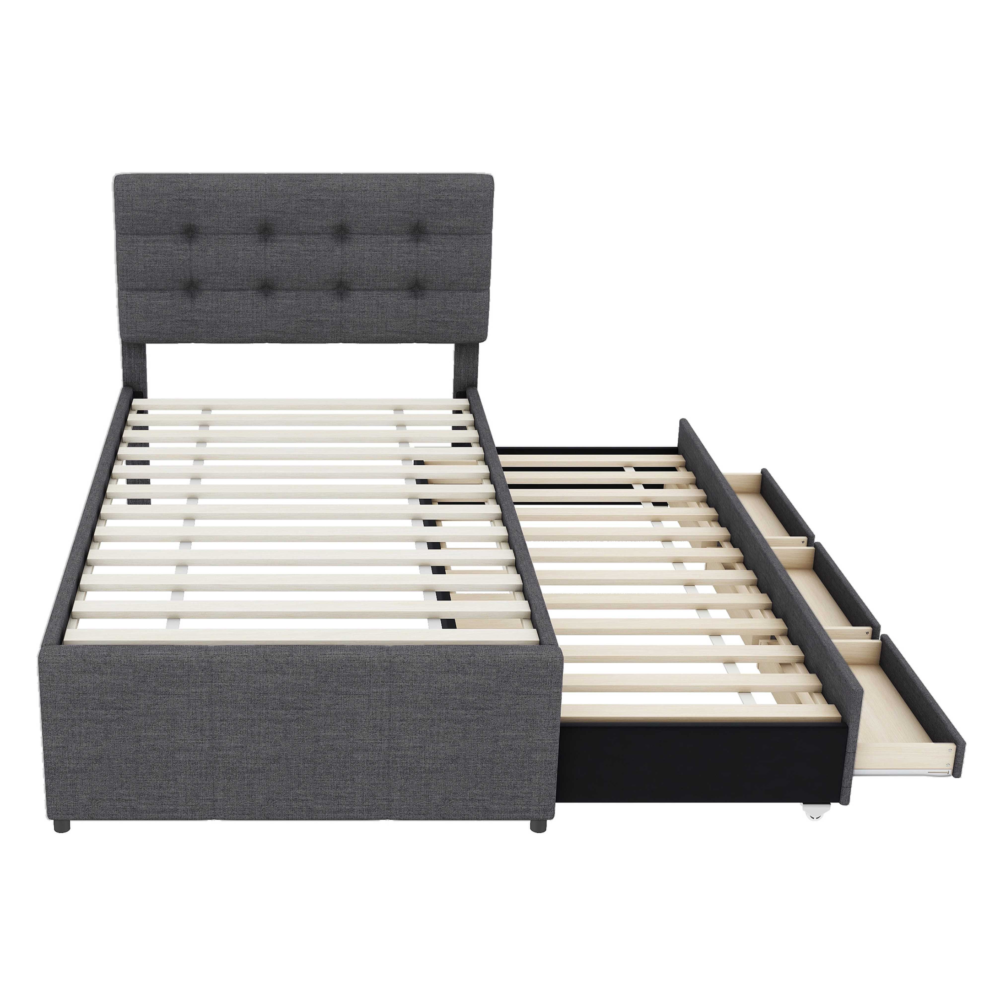 BlingBin Polsterbett Funktionsbett Jugendbett (1-tlg., mit drei Schubladen, Ausziehbares Rollbett, Verstellbares Kopfteil), 90x200cm(90x190cm),Ohne Matratze