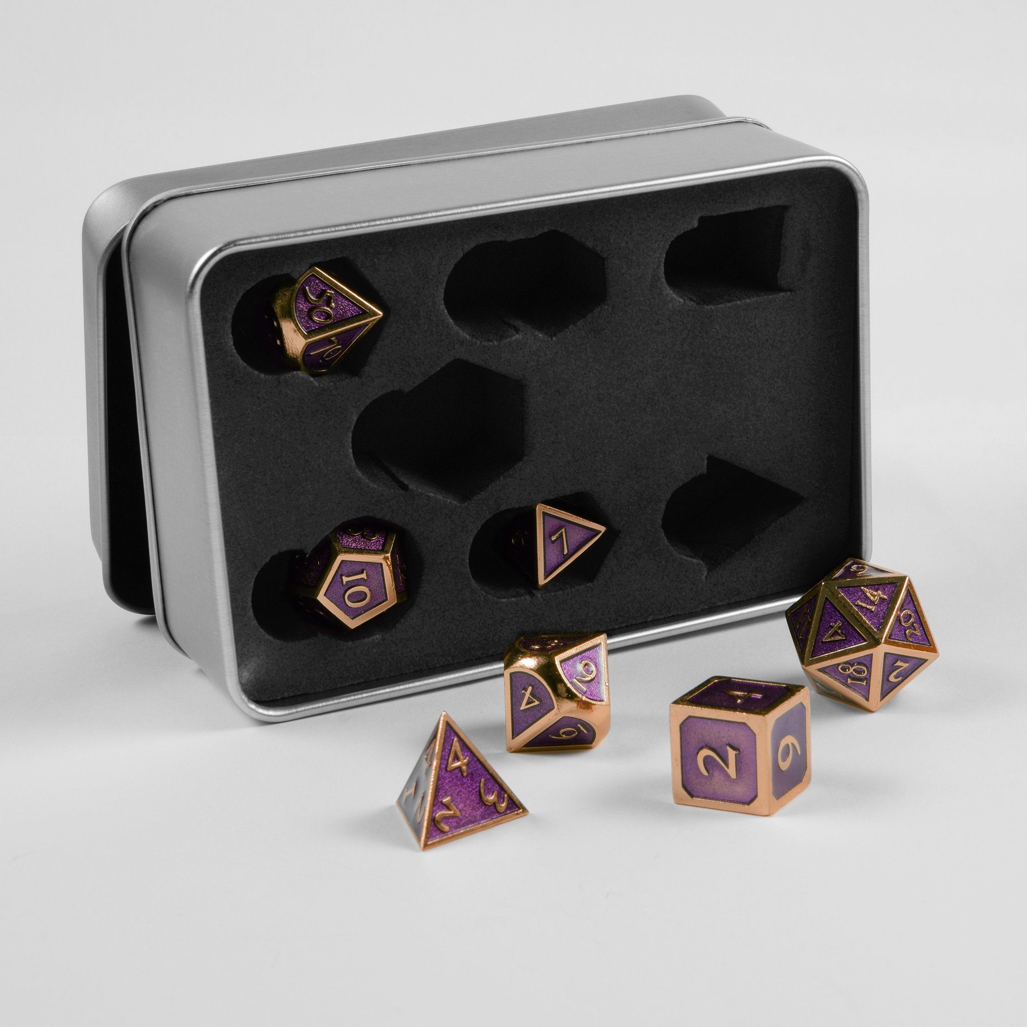 SHIBBY Spielesammlung, 7 polyedrische Metall-DND-Würfel in Steampunk Optik, inkl. Aufbewahrungsbox