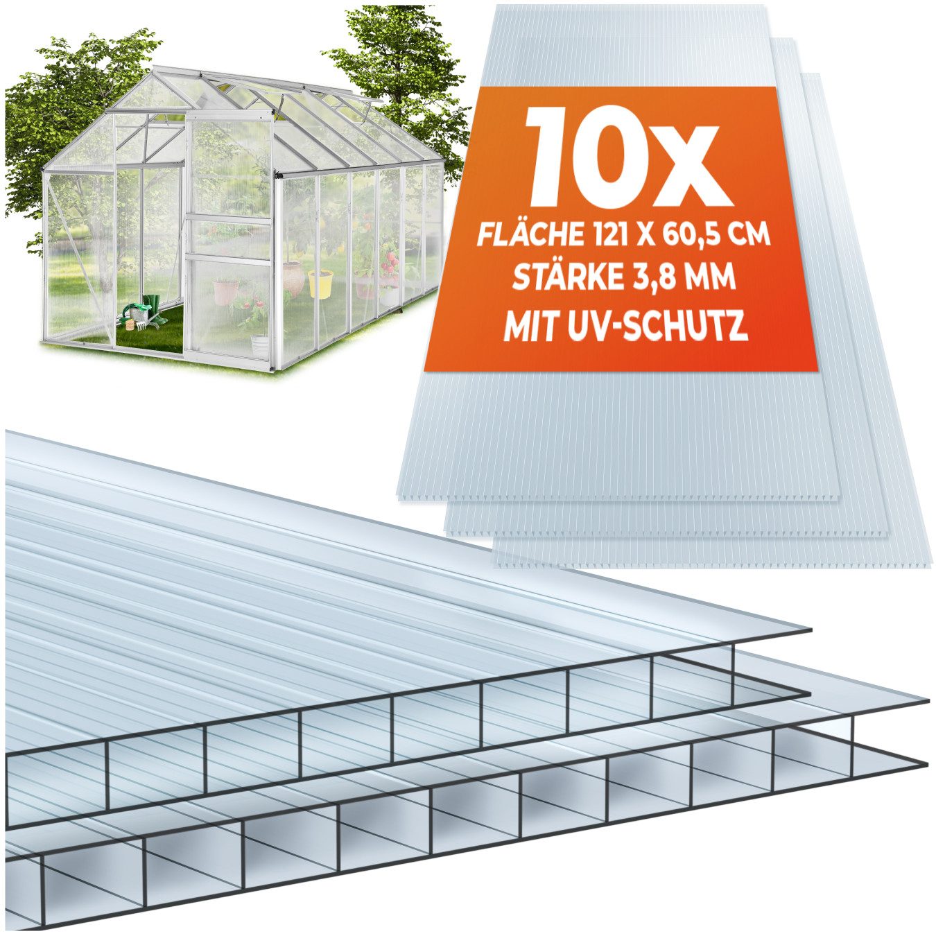 tectake Doppelstegplatte 10er Set Doppelstegplatten, 0,4 mm, (10-St), 7,32 m² Gesamtfläche, individuell zuschneidbar