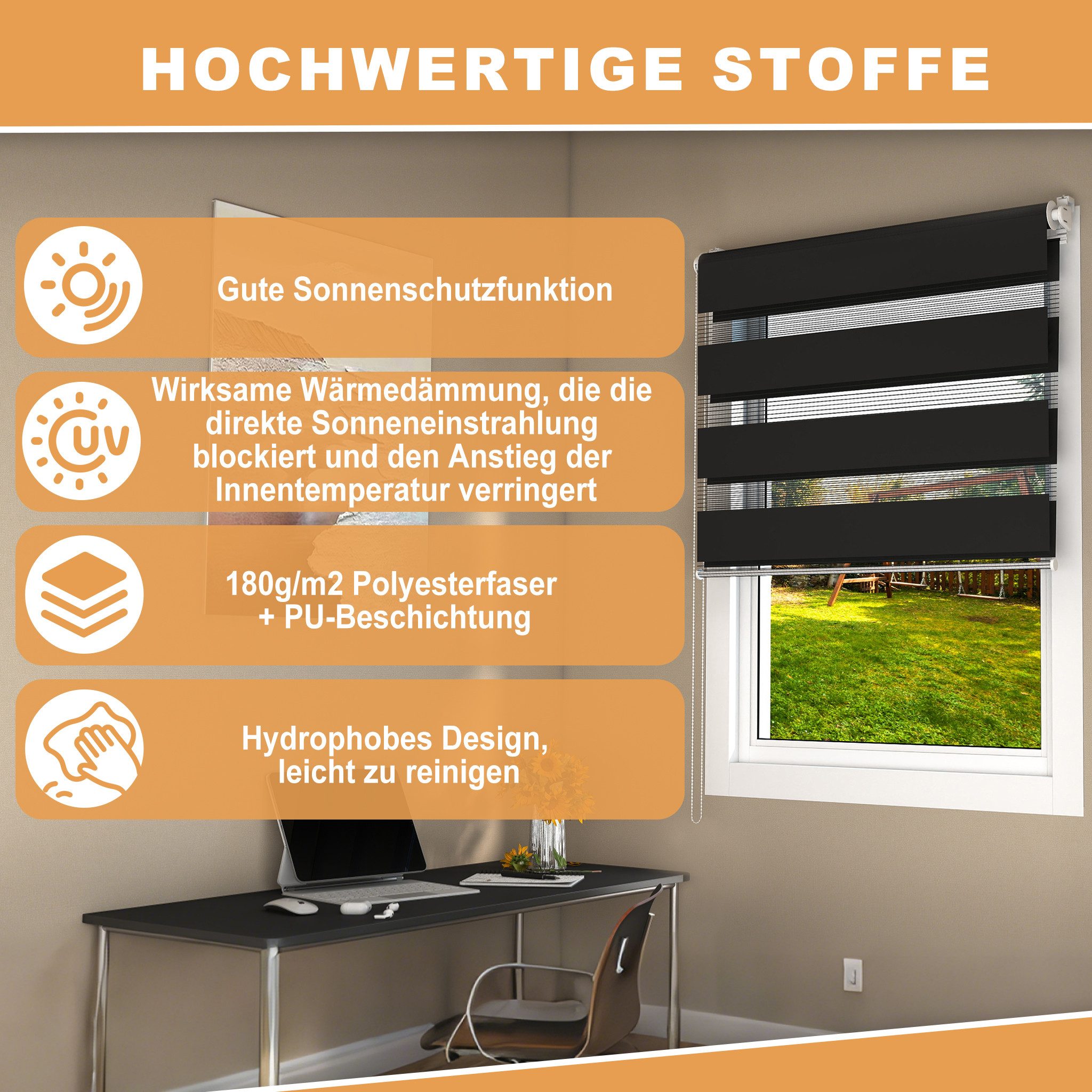 Doppelrollo Verdunkelungsrollo, einfach zu montieren, Schwarz/Grau/Weiß, FIVMEN, Zebrarollo Rollos ür Wohnzimmer Küche Büro lichtdurchlässig