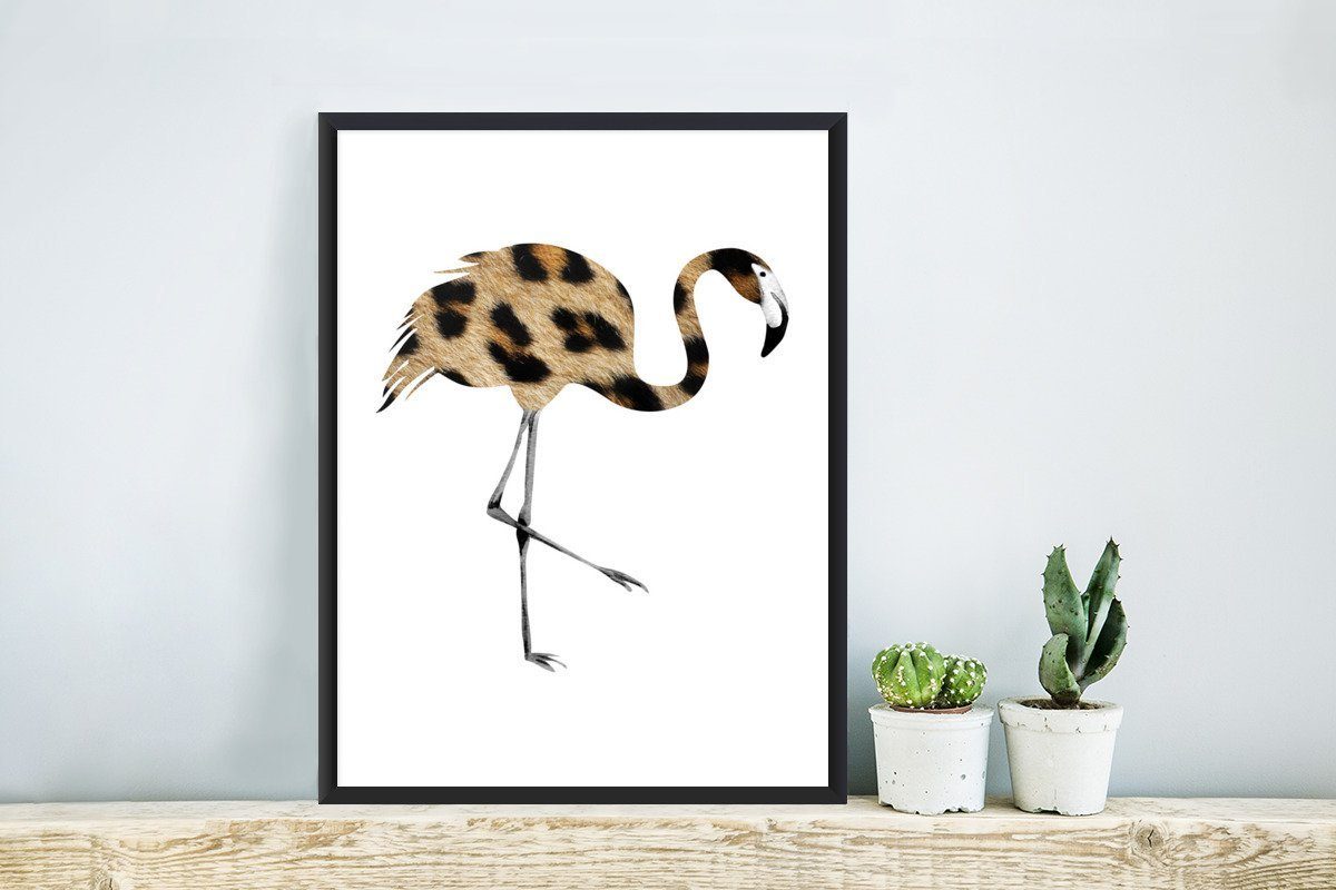 Poster Gerahmtes Bilderrahmen MuchoWow Flamingo - - Bilder, Pantherdruck Tier, Poster, Wanddeko, (1 Schwarzem Wandposter, St),