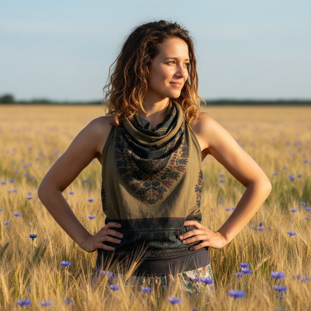 Guru-Shop T-Shirt Goa Top, Dashiki Psytrance Neckholder Top - olive Festival, Hippie, Ethno Style, Psychedelic, alternative Bekleidung