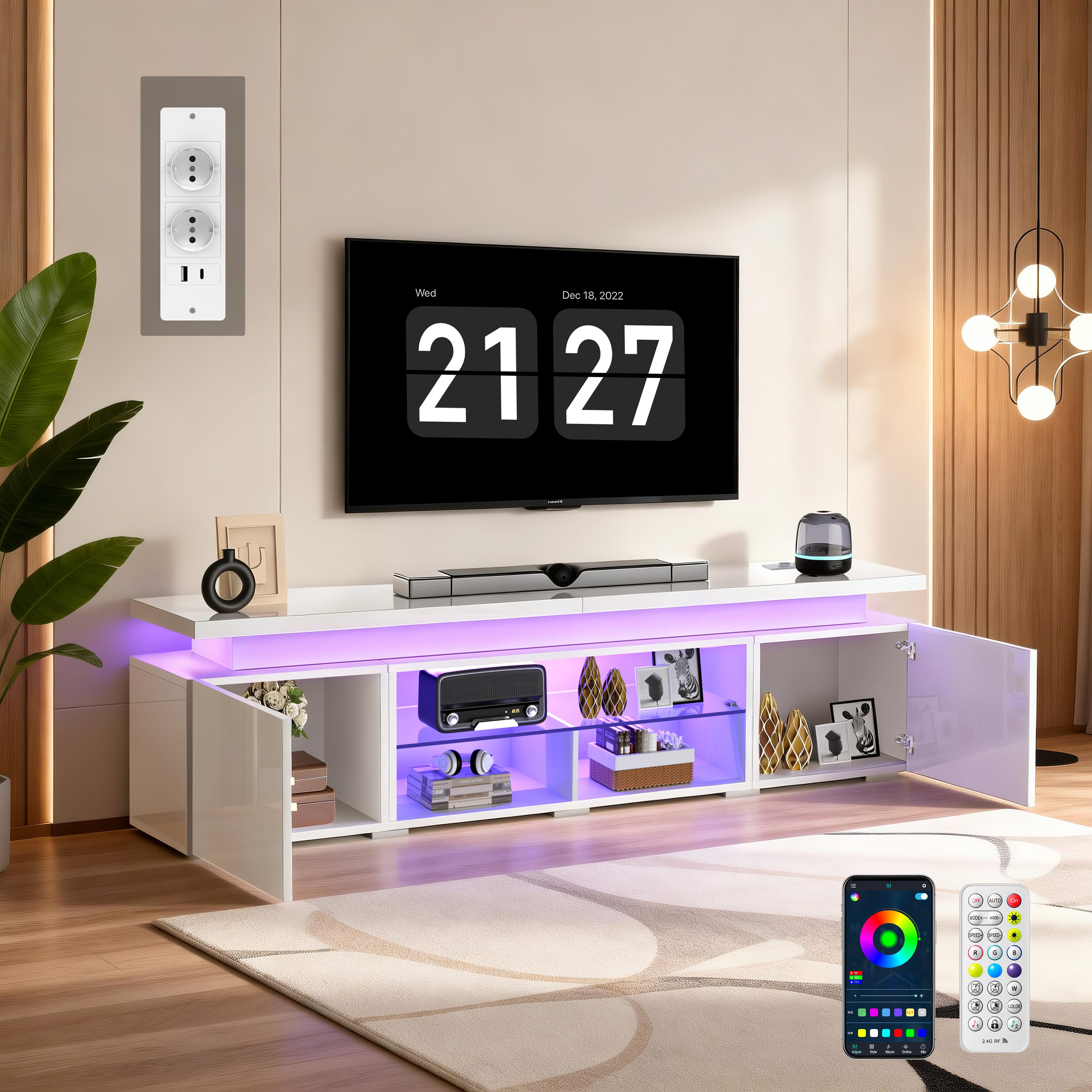 oyajia Lowboard TV-Schrank, Fernsehschrank mit RGB-LED und Steckdosen (für Fernseher bis 75 Zoll), TV-Schrank mit Mit 2 Türen, Regalen und viel Stauraum, 185x35x49cm