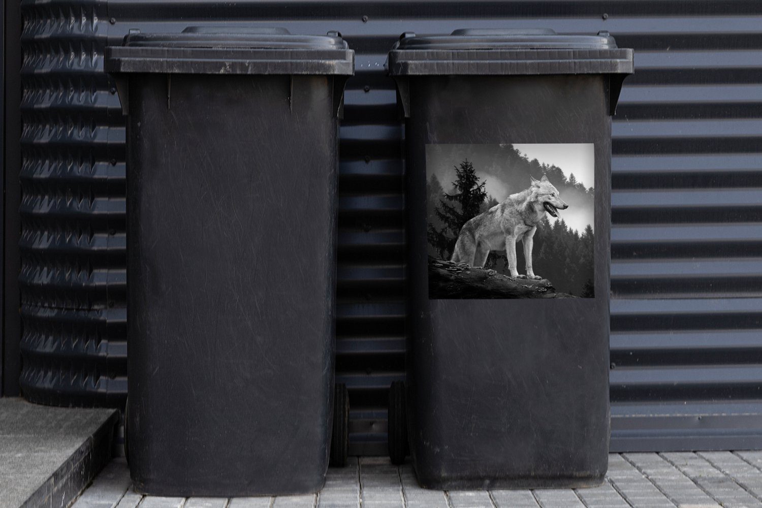 MuchoWow Wandsticker Wolf - St), (1 Mülleimer-aufkleber, - - Mülltonne, Schwarz Sticker, Weiß Container, Abfalbehälter Wald