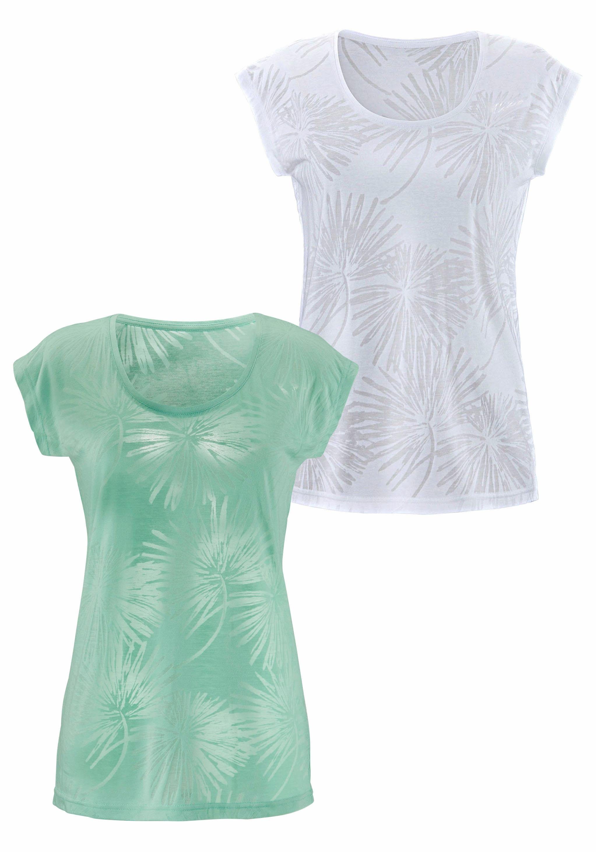 mint, (2er-Pack) Ausbrenner-Qualität Palmen Beachtime T-Shirt weiß mit leicht transparenten