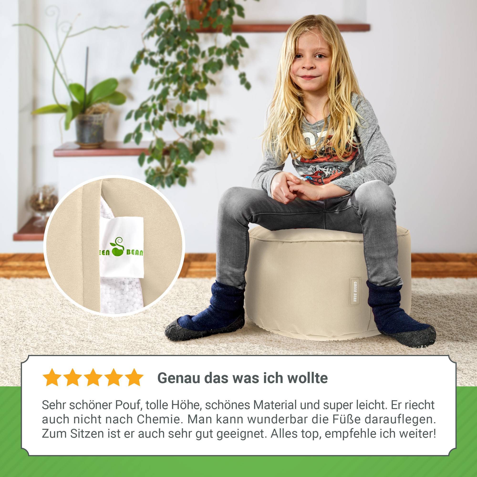 Green Bean Pouf Sitzsack-Hocker Pouf Stay 45x25cm (Sitzsack-Hocker 45x25cm mit EPS-Perlen Füllung -, Fußhocker Fußkissen Sitz-Pouf für Sitzsäcke), die ideale Ergänzung zum Sitzsack