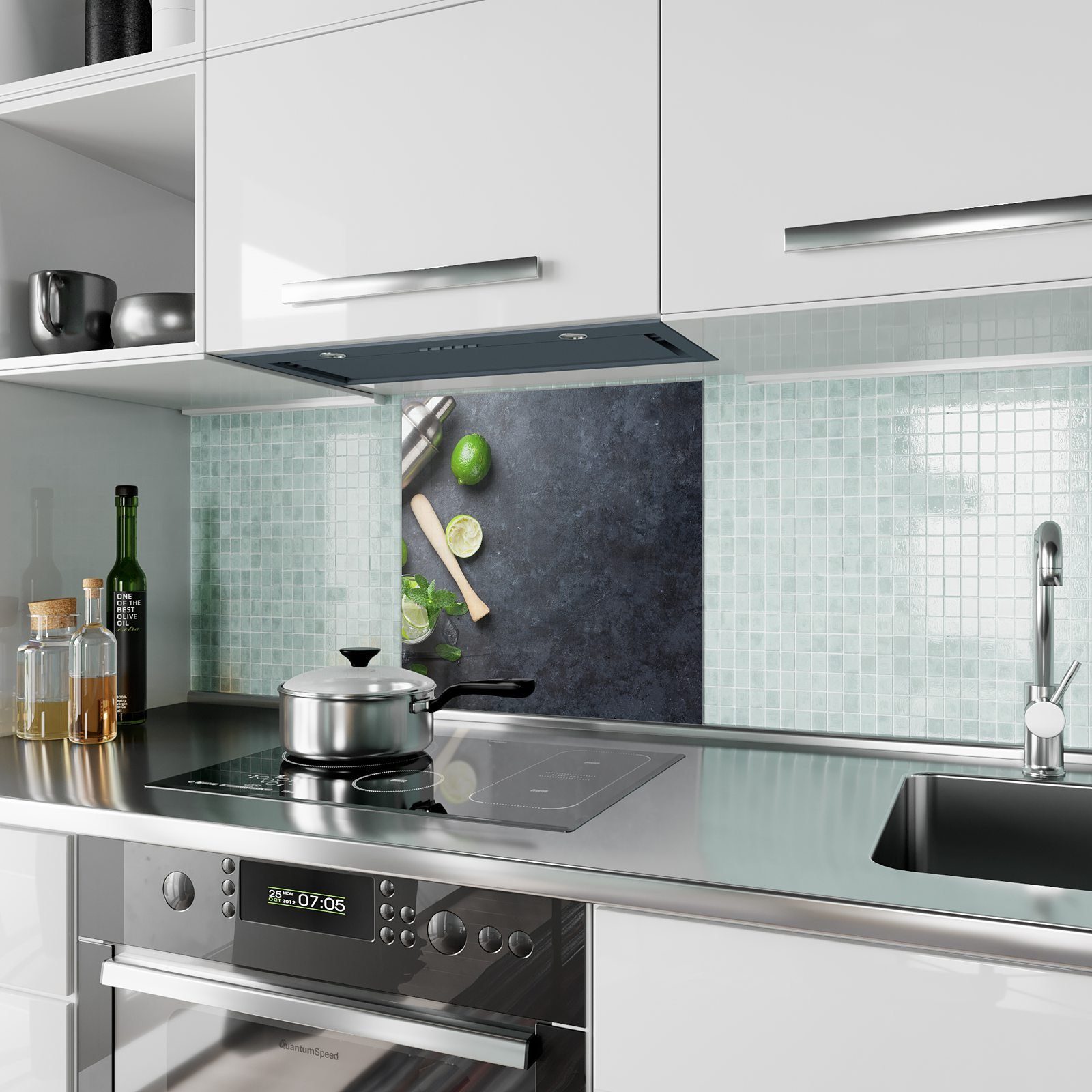 Primedeco Küchenrückwand Küchenrückwand mit Spritzschutz Schiefer Limetten Glas Motiv auf