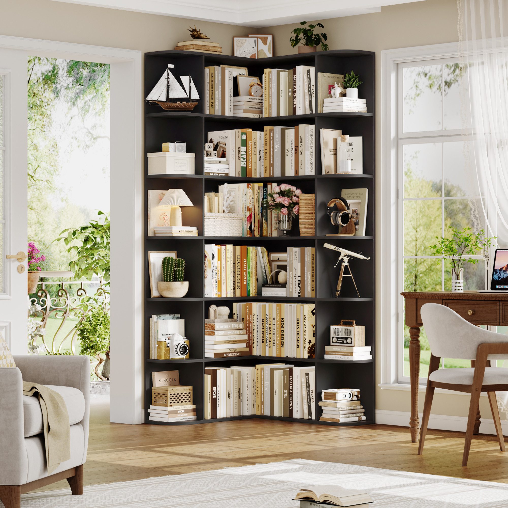 Homfa Bücherregal 185 cm Eckregal Bücherschrank Eckbücherregal, Standregal L-förmiger Eckschrank 80 x 84 x 185 cm, schwarz – Bild 4 von 5