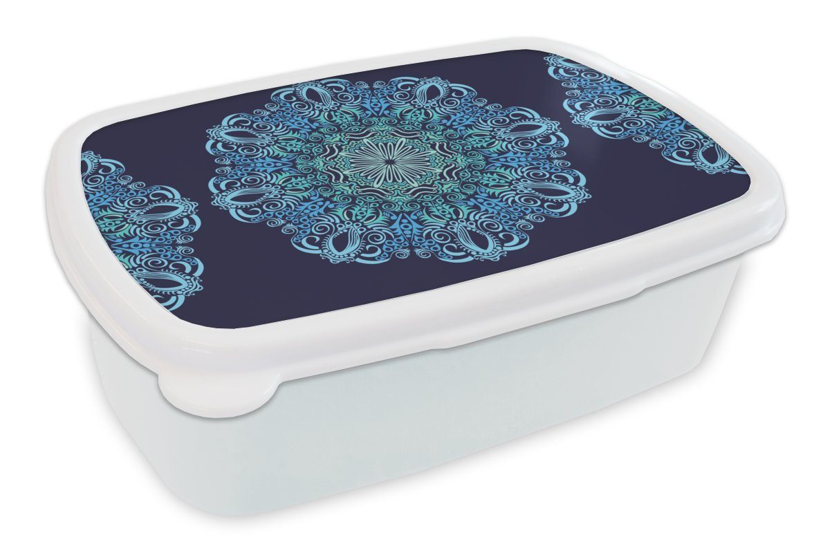 MuchoWow Lunchbox Mandala - Blau - Muster, Kunststoff, (2-tlg), Brotbox für Kinder und Erwachsene, Brotdose, für Jungs und Mädchen weiß