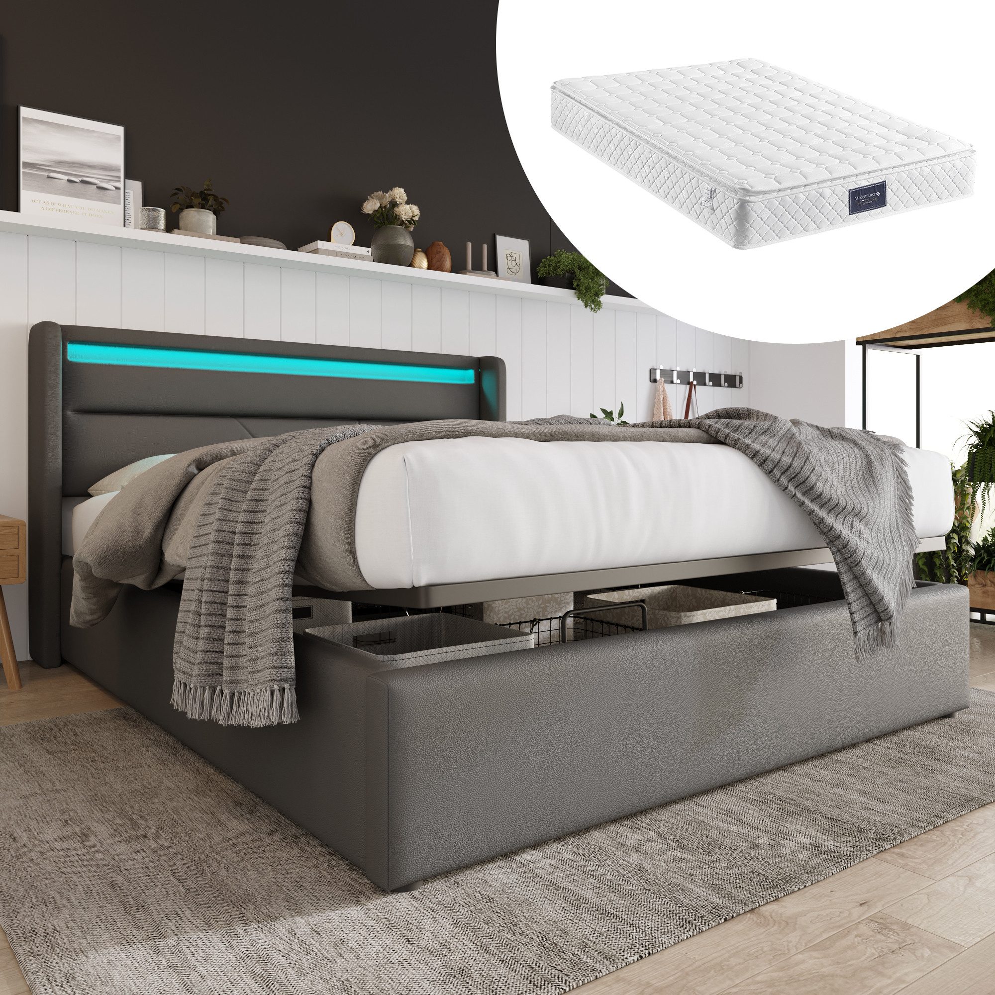 STILVORA Polsterbett Jugendbett 140x200 mit LED,Stauraumbett günstig online kaufen