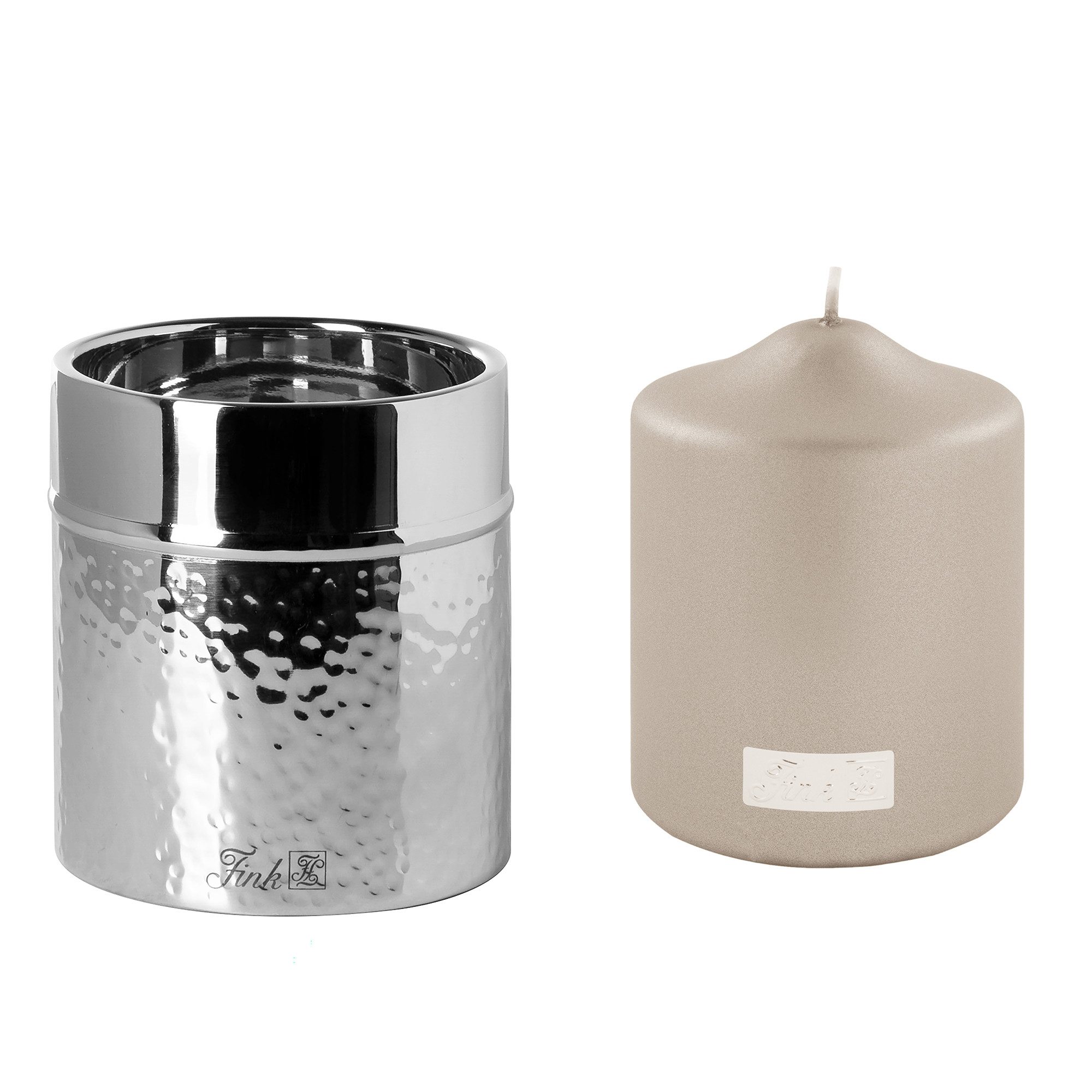 Fink Kerzenleuchter NASSAU - Kerzenhalter + Kerze aus Edelstahl/ Paraffin - silber/ stein (Stumpenkerzenhalter mit Kerze, 2er Set), Stumpenkerzenhalter - Windlicht - Kerzenlicht - Geschenkset - Deko